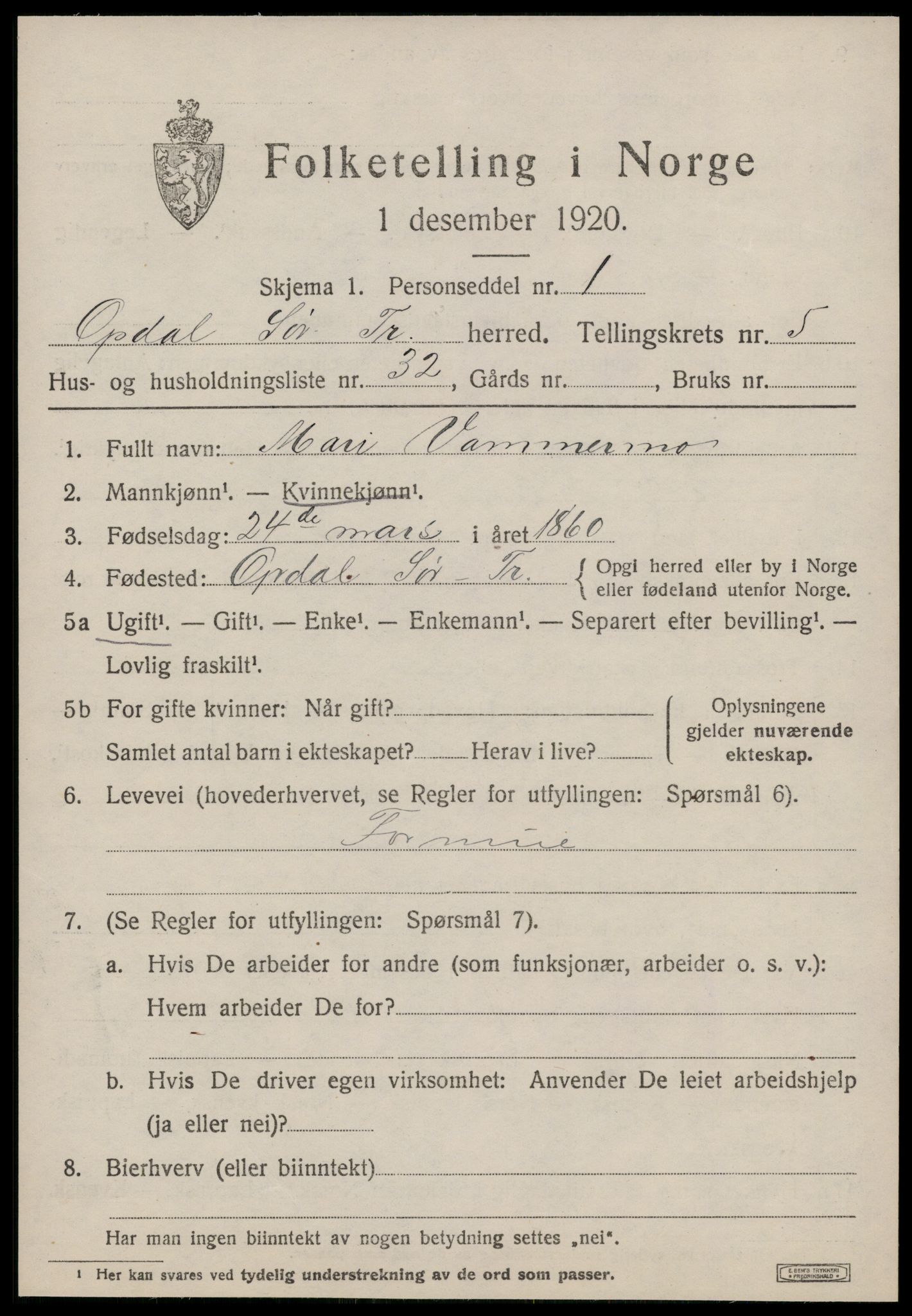 SAT, 1920 census for Oppdal, 1920, p. 5319