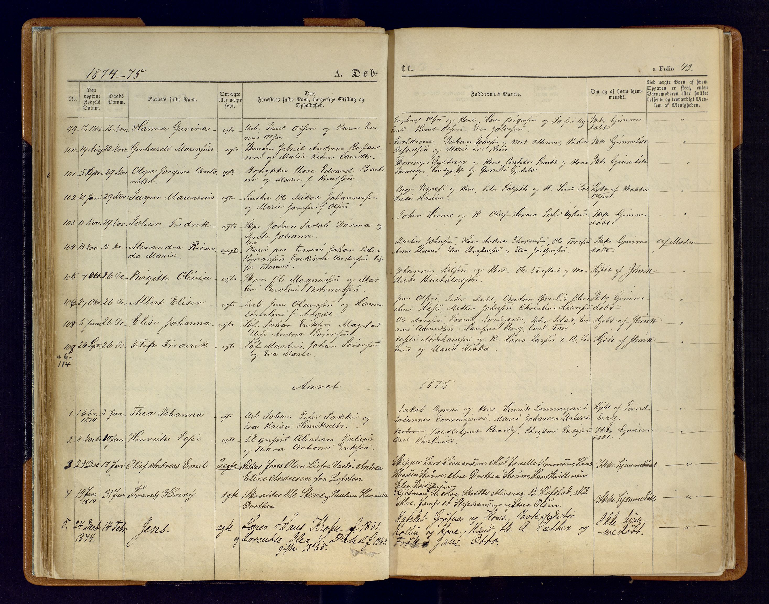 Hammerfest sokneprestkontor, SATØ/S-1347/H/Ha/L0006.kirke: Parish register (official) no. 6, 1869-1877, p. 43
