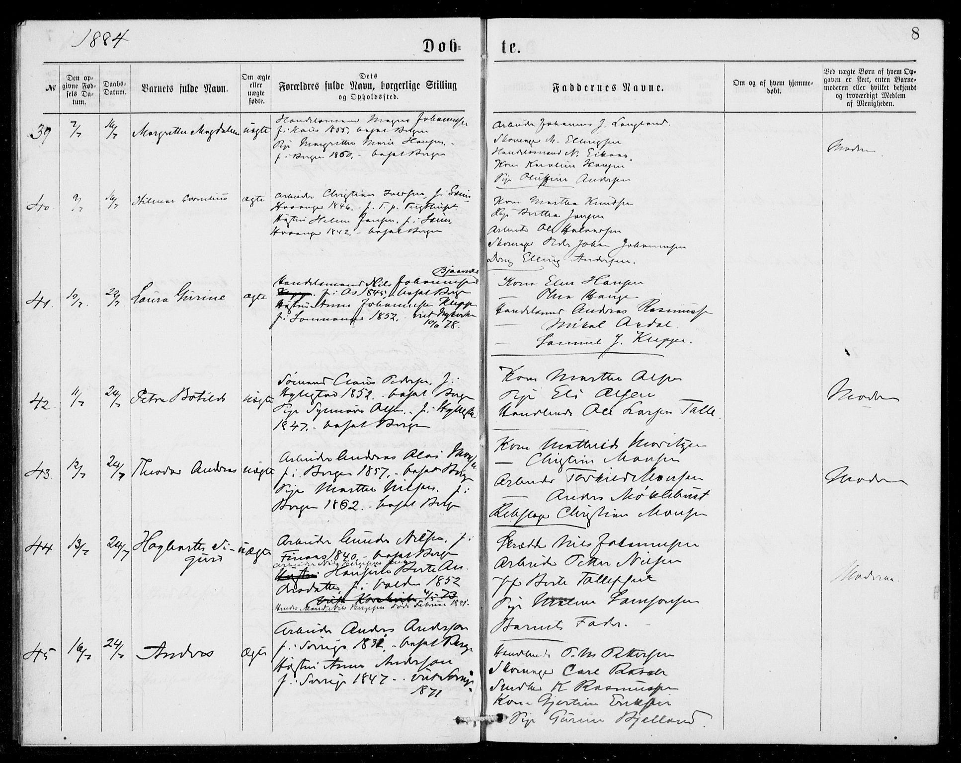 Fødselsstiftelsens sokneprestembete, ført av overlegen*, SAB/-: Parish register (official) no. A 2, 1884-1900, p. 8