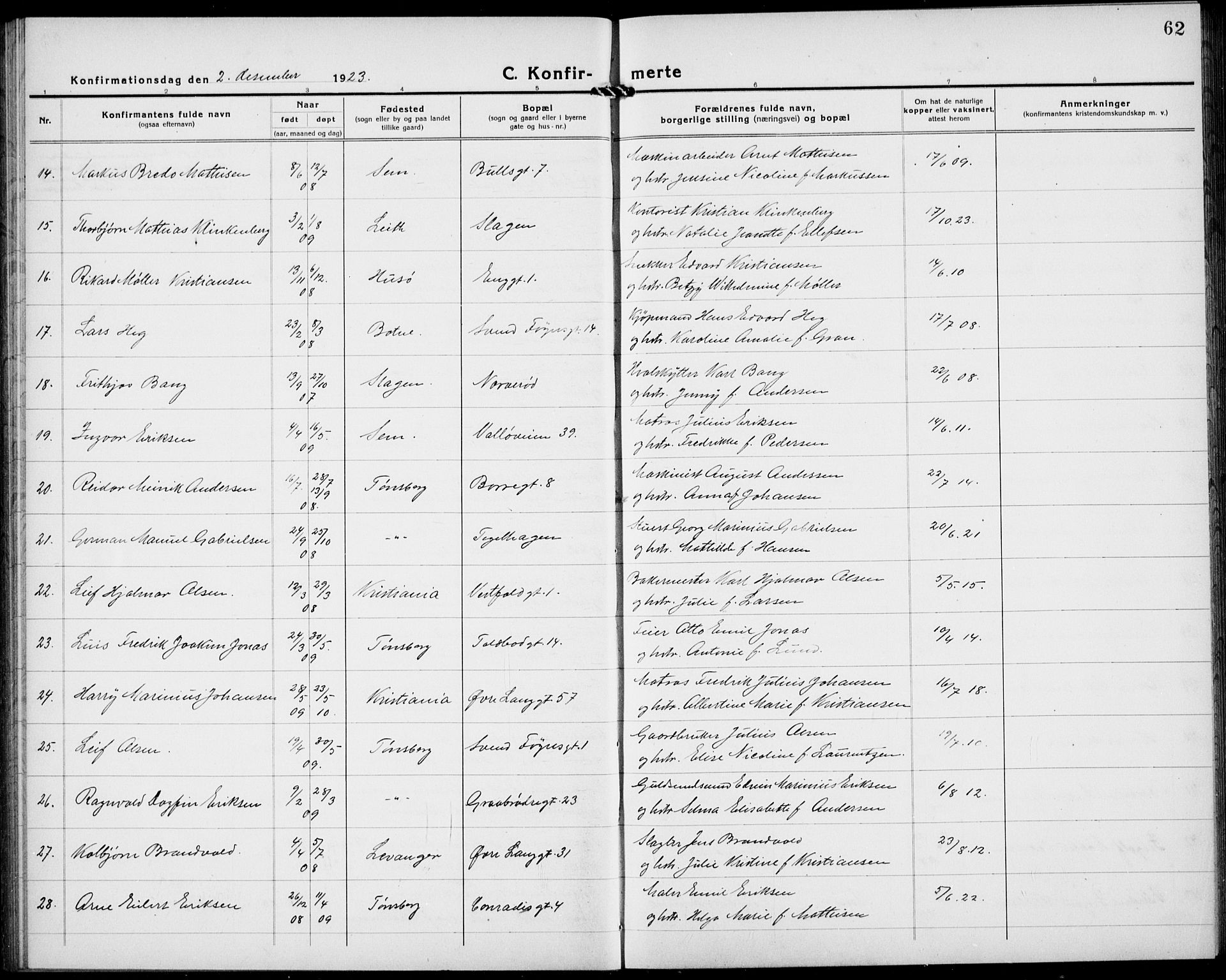 Tønsberg kirkebøker, AV/SAKO-A-330/G/Ga/L0013: Parish register (copy) no. 13, 1920-1929, p. 62