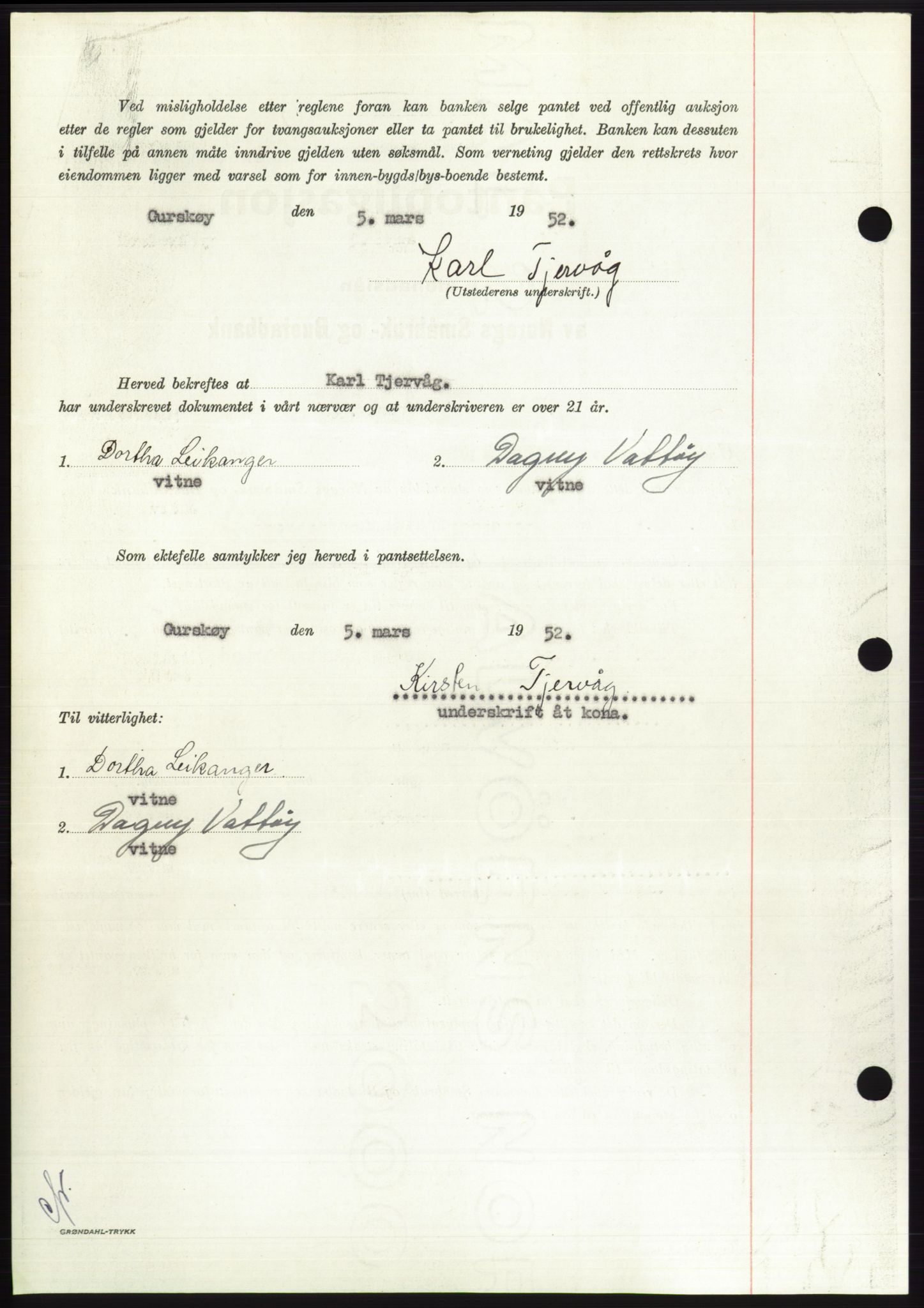 Søre Sunnmøre sorenskriveri, AV/SAT-A-4122/1/2/2C/L0121: Mortgage book no. 9B, 1951-1952, Diary no: : 605/1952