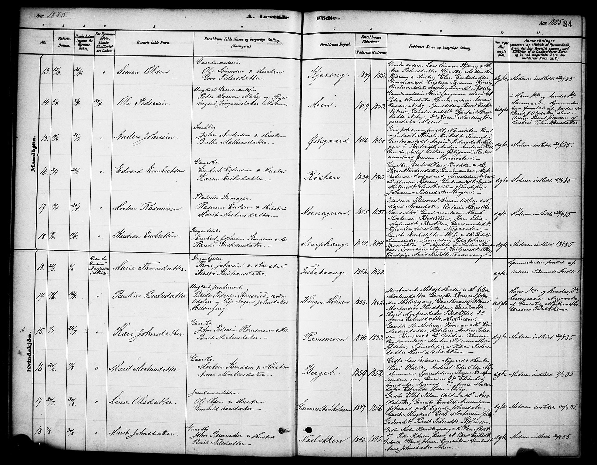 Tynset prestekontor, SAH/PREST-058/H/Ha/Hab/L0006: Parish register (copy) no. 6, 1880-1899, p. 34