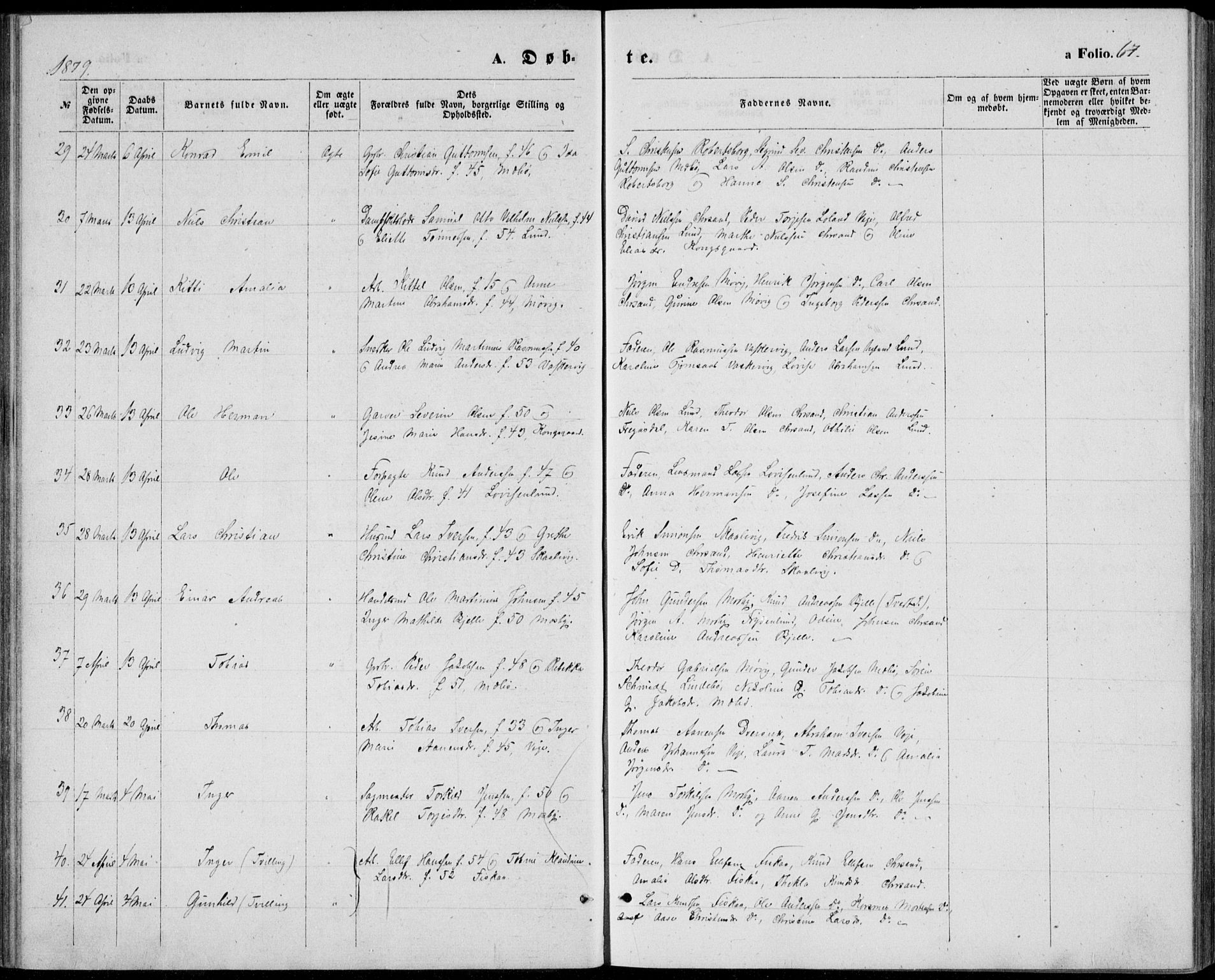 Oddernes sokneprestkontor, AV/SAK-1111-0033/F/Fb/Fba/L0007: Parish register (copy) no. B 7, 1869-1887, p. 67