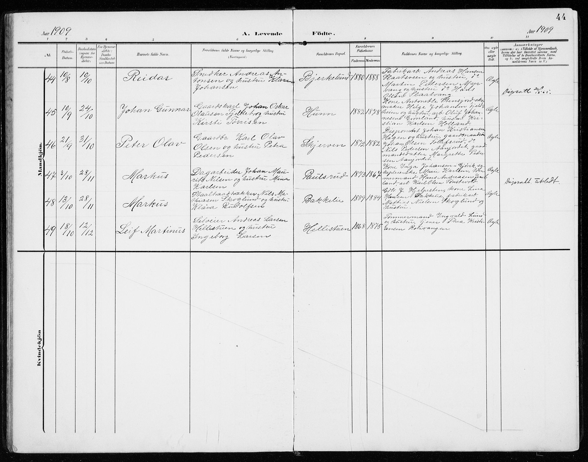 Vardal prestekontor, SAH/PREST-100/H/Ha/Haa/L0016: Parish register (official) no. 16, 1904-1916, p. 44
