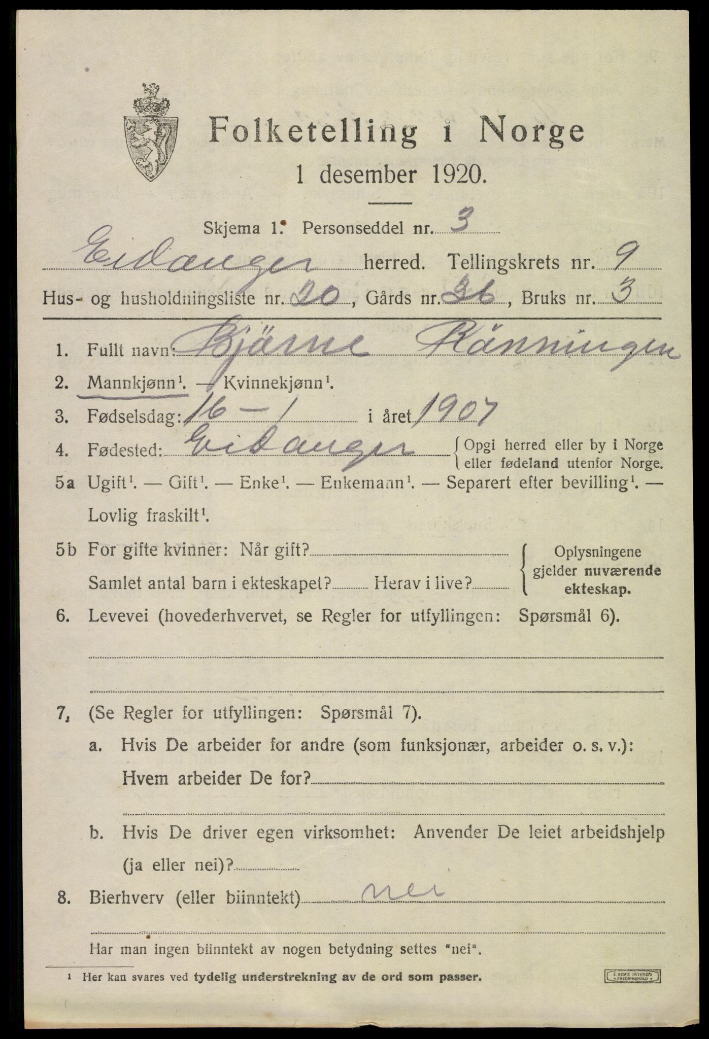 SAKO, 1920 census for Eidanger, 1920, p. 6048