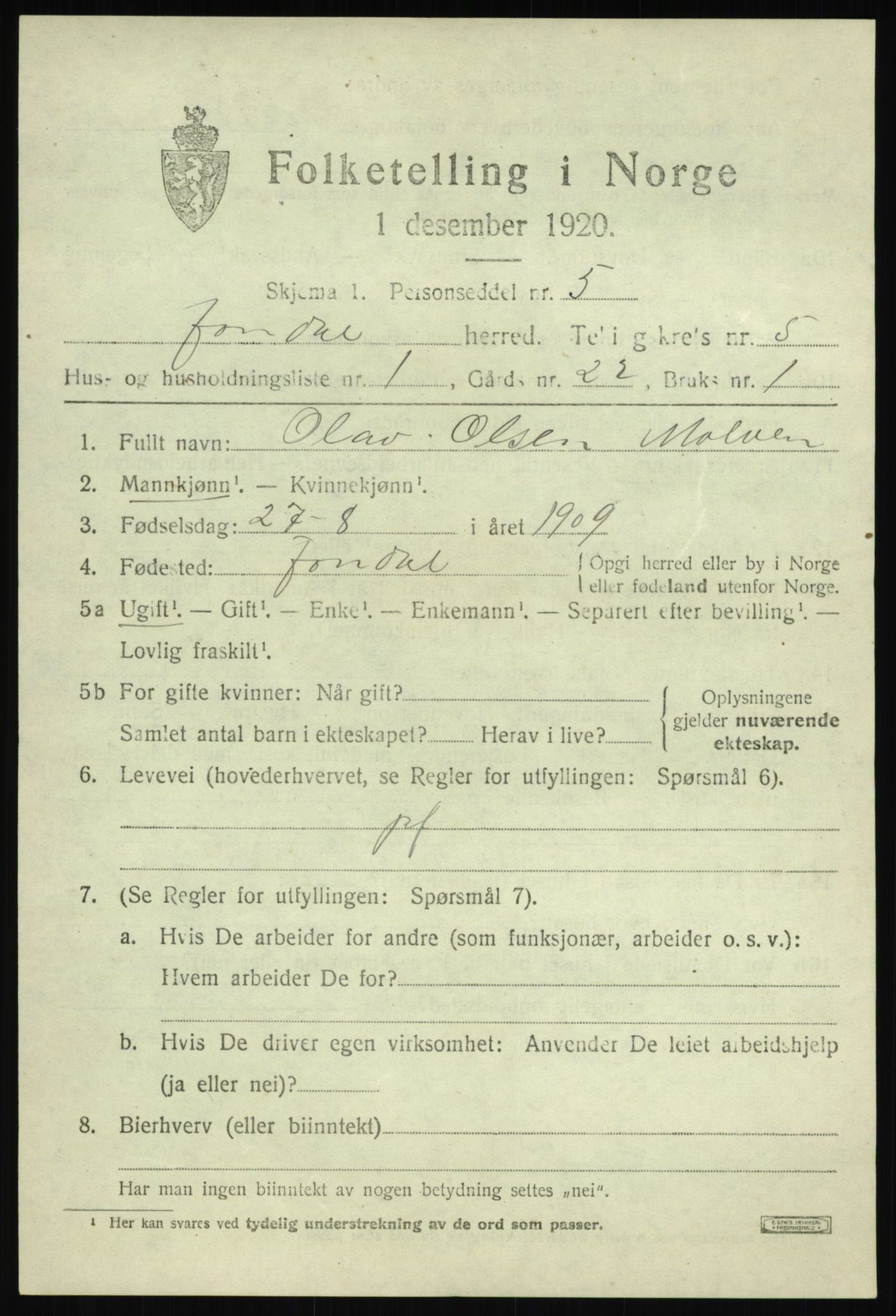 SAB, 1920 census for Jondal, 1920, p. 2500