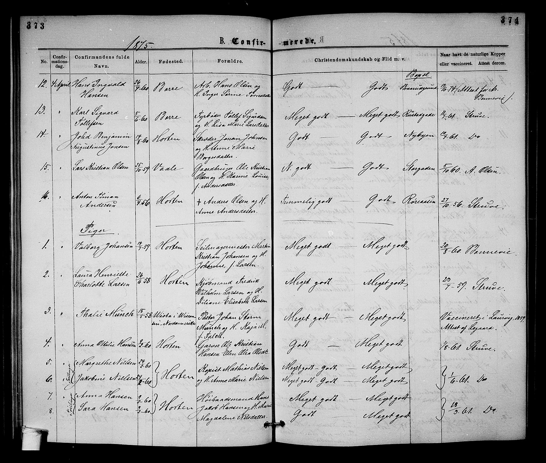 Horten kirkebøker, SAKO/A-348/G/Ga/L0003: Parish register (copy) no. 3, 1872-1877, p. 373-374
