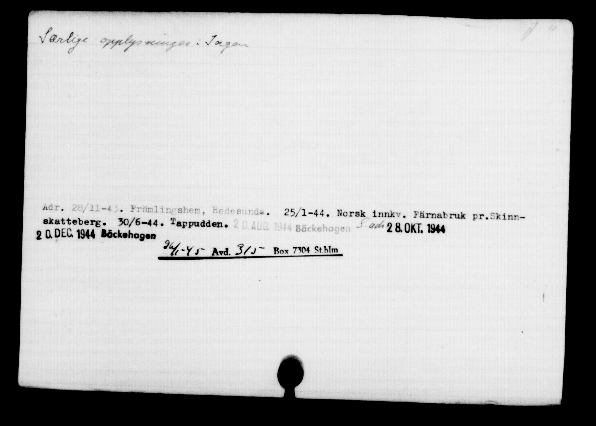 Utenriksstasjonene, Legasjonen i Stockholm, Flyktningkontoret, AV/RA-S-6753/V/Va/L0001: Kjesäterkartoteket, flyktninger med registreringsnr. 1-1000, 1940-1945, p. 1246