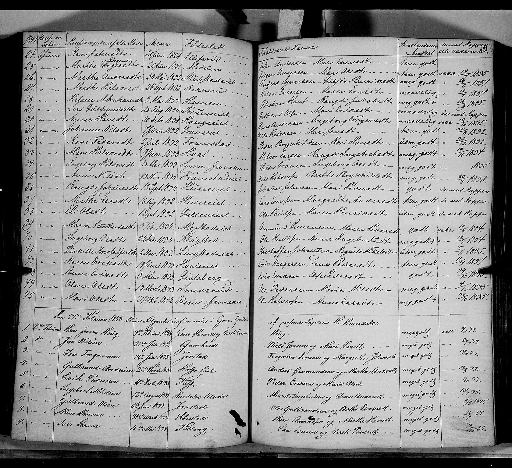 Gran prestekontor, SAH/PREST-112/H/Ha/Haa/L0011: Parish register (official) no. 11, 1842-1856, p. 692-693