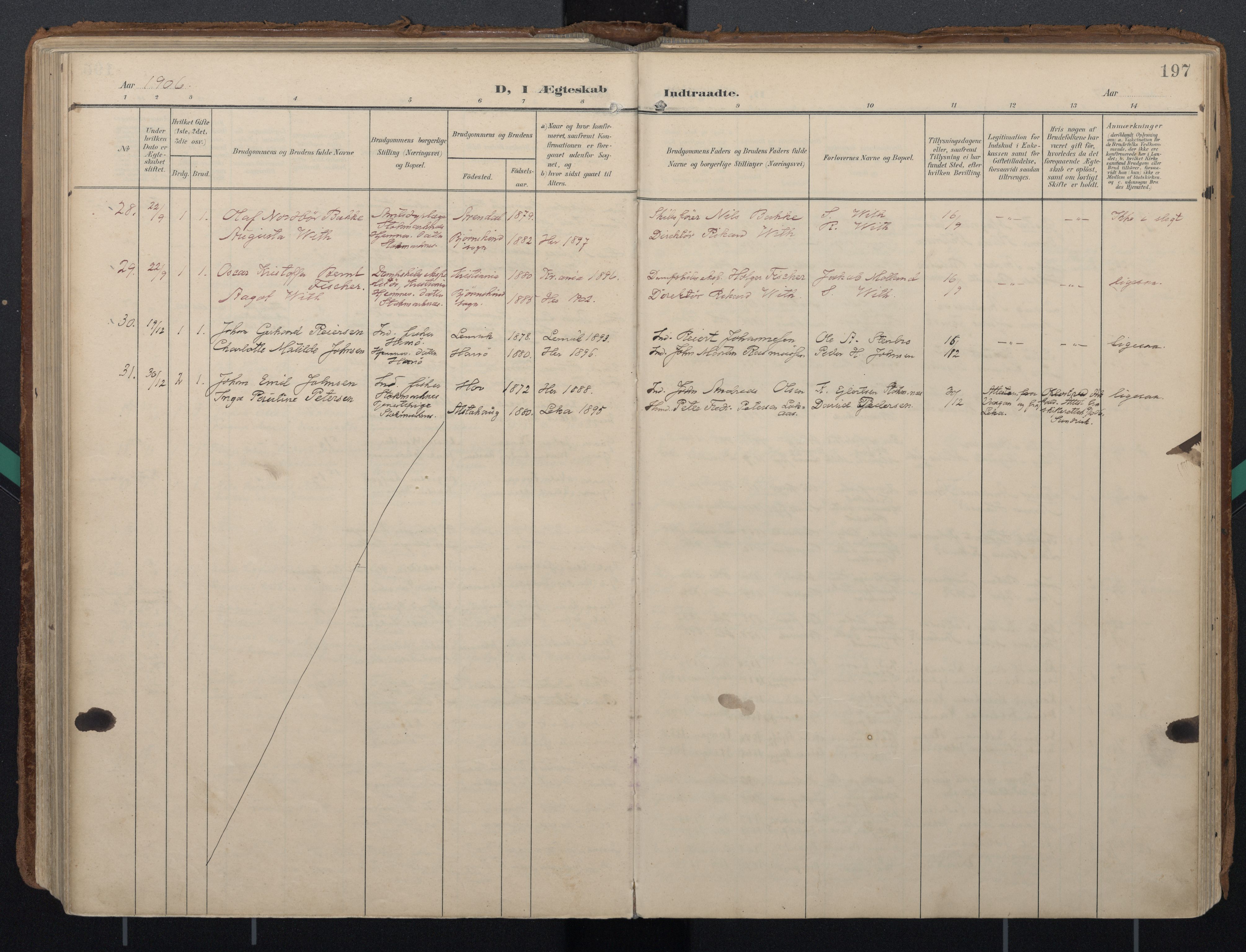 Ministerialprotokoller, klokkerbøker og fødselsregistre - Nordland, AV/SAT-A-1459/888/L1248: Parish register (official) no. 888A14, 1904-1913, p. 197