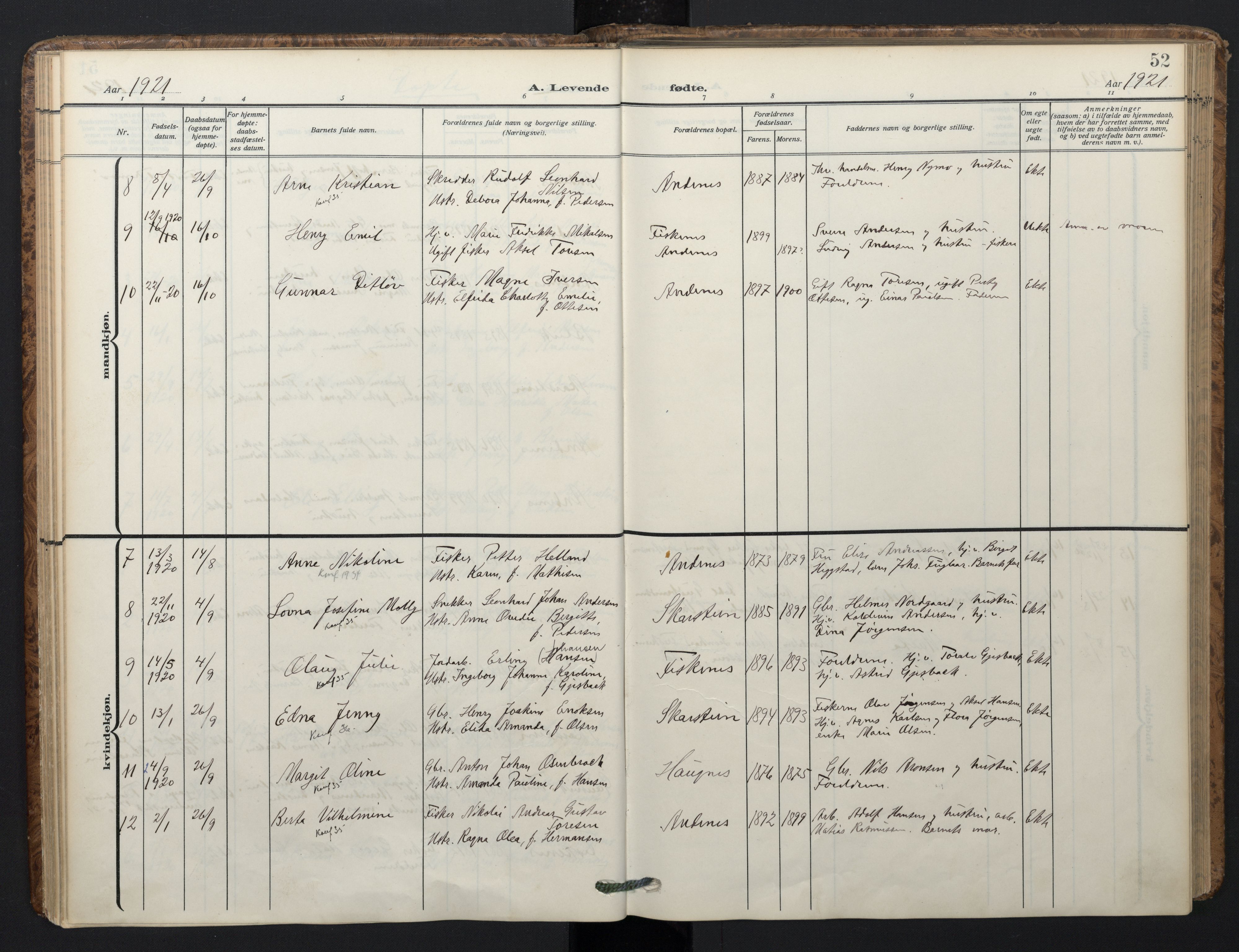 Ministerialprotokoller, klokkerbøker og fødselsregistre - Nordland, AV/SAT-A-1459/899/L1438: Parish register (official) no. 899A06, 1909-1922, p. 52