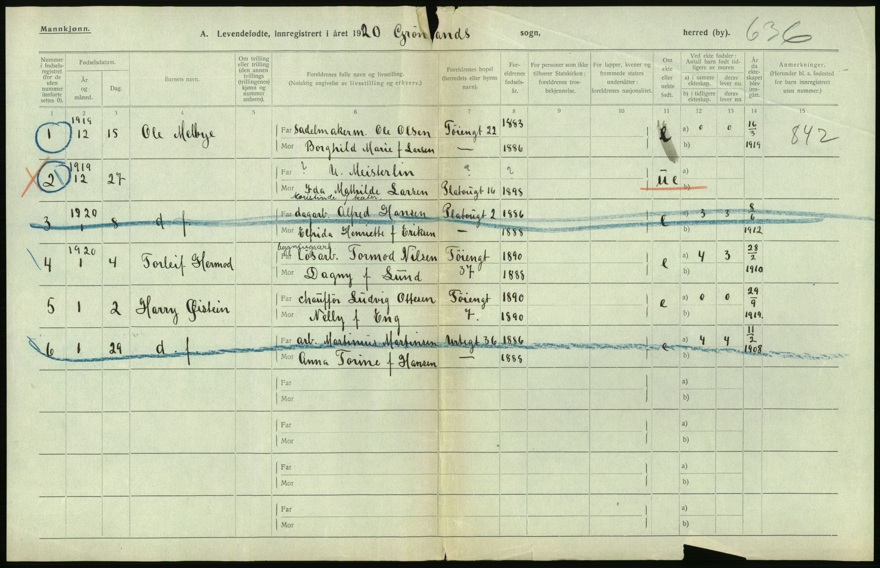 Statistisk sentralbyrå, Sosiodemografiske emner, Befolkning, AV/RA-S-2228/D/Df/Dfb/Dfbj/L0008: Kristiania: Levendefødte menn og kvinner., 1920, p. 112