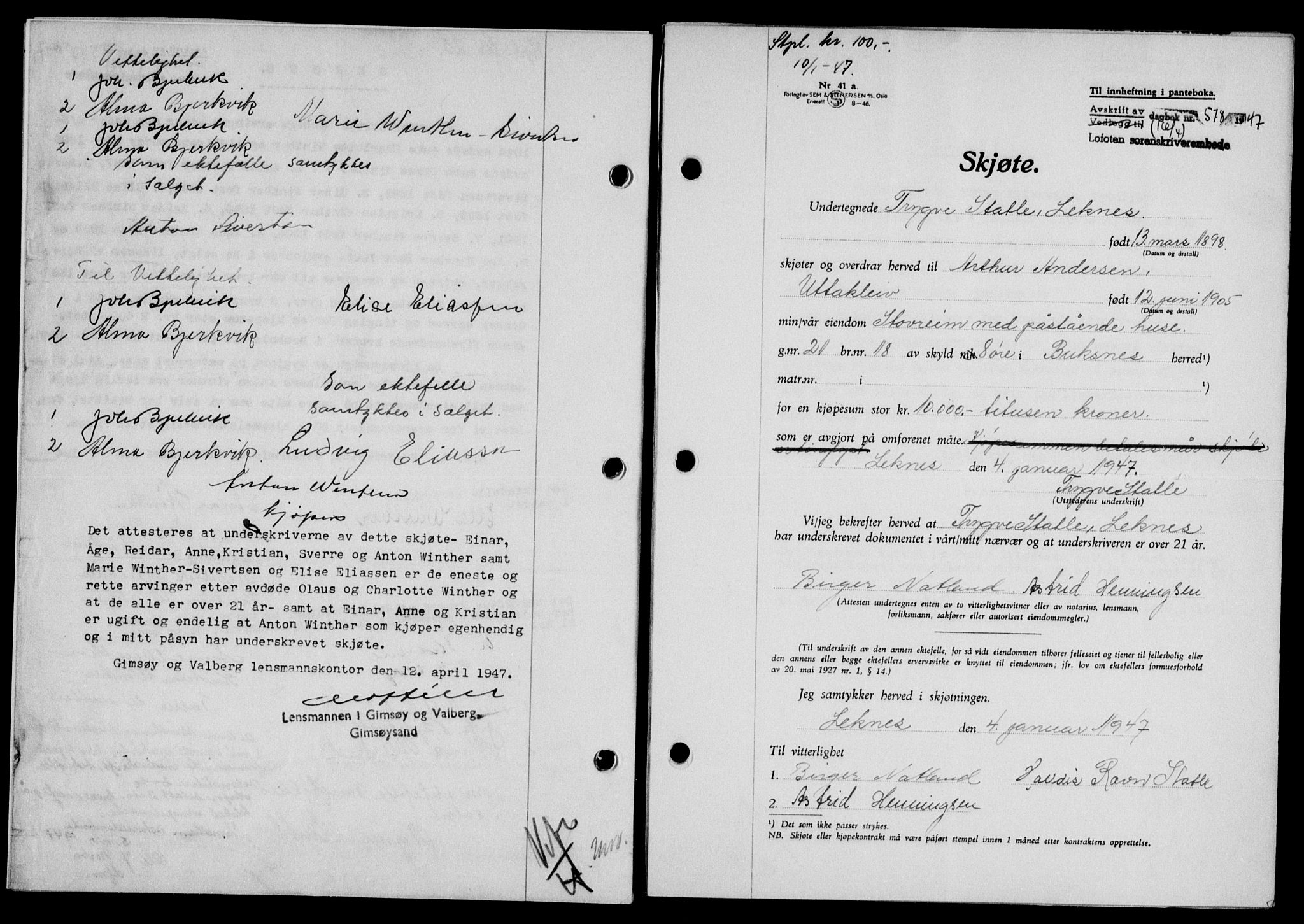 Lofoten sorenskriveri, SAT/A-0017/1/2/2C/L0015a: Mortgage book no. 15a, 1946-1947, Diary no: : 578/1947