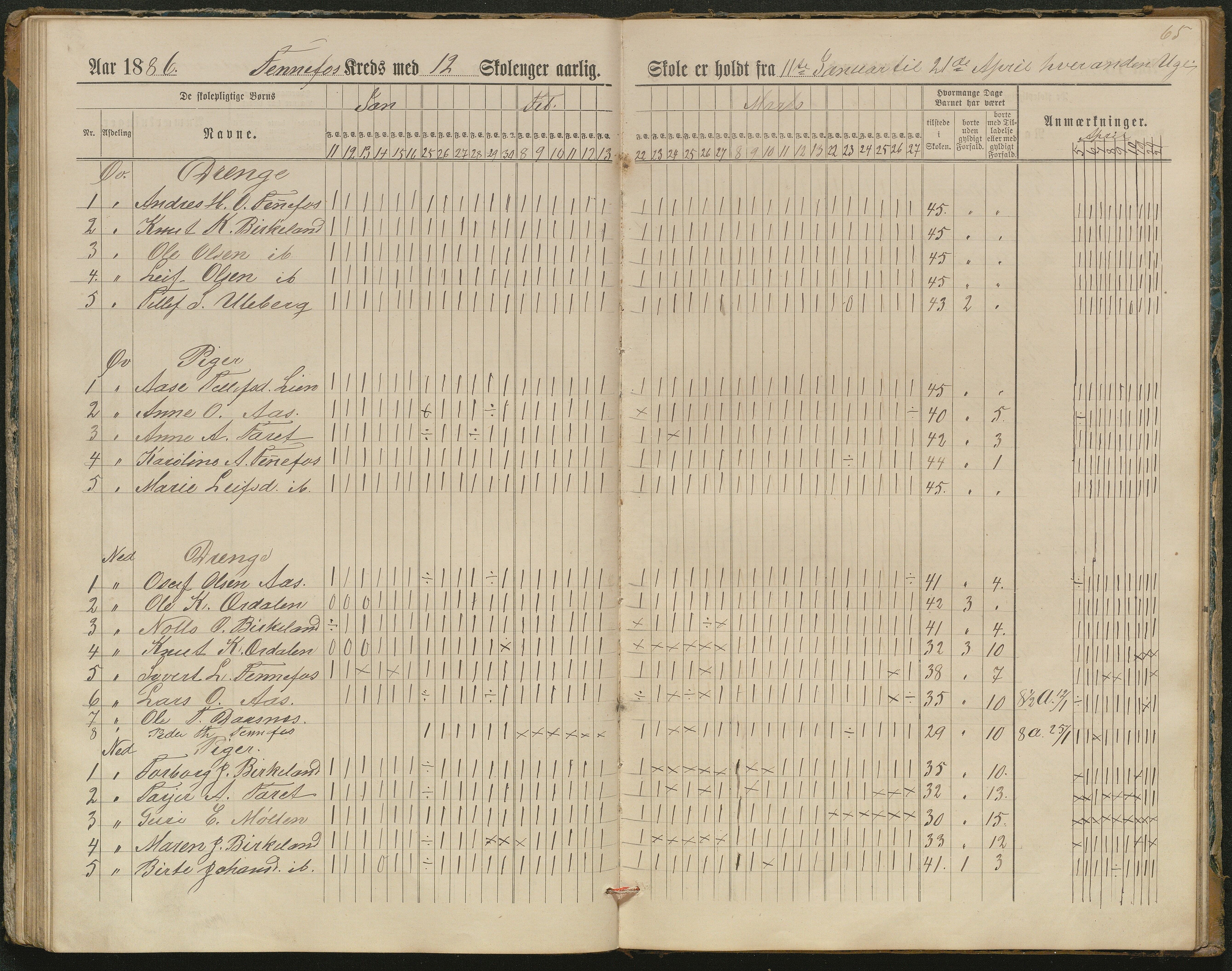 Hornnes kommune, Kjetså, Fennefoss skolekrets, AAKS/KA0936-550c/F1/L0002: Skoleprotokoll. Kjetså og Fennefoss, 1884-1896, p. 65