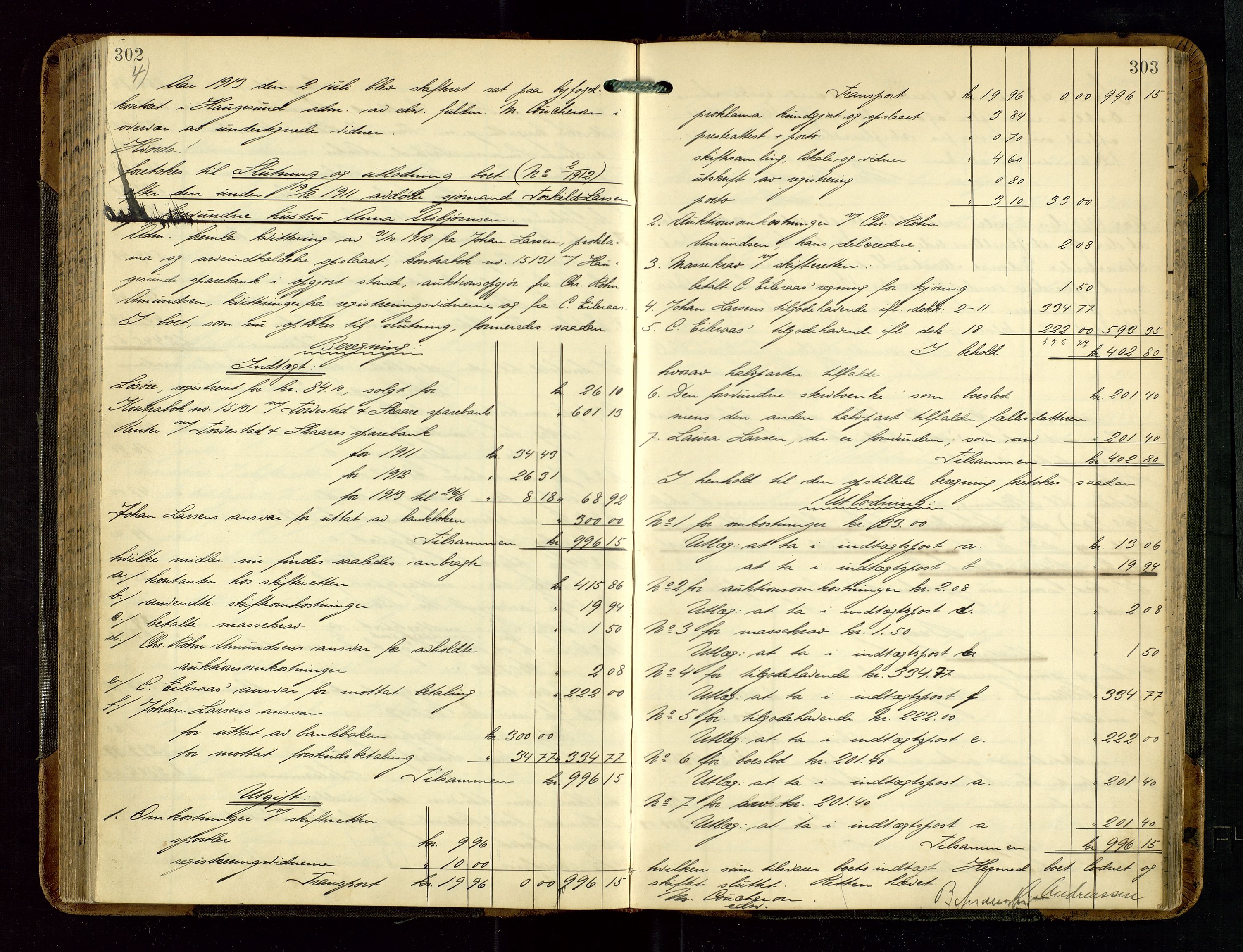 Haugesund tingrett, AV/SAST-A-101415/01/IV/IVD/L0002: Skifteutlodningsprotokoll, med register, 1904-1915, p. 302-303