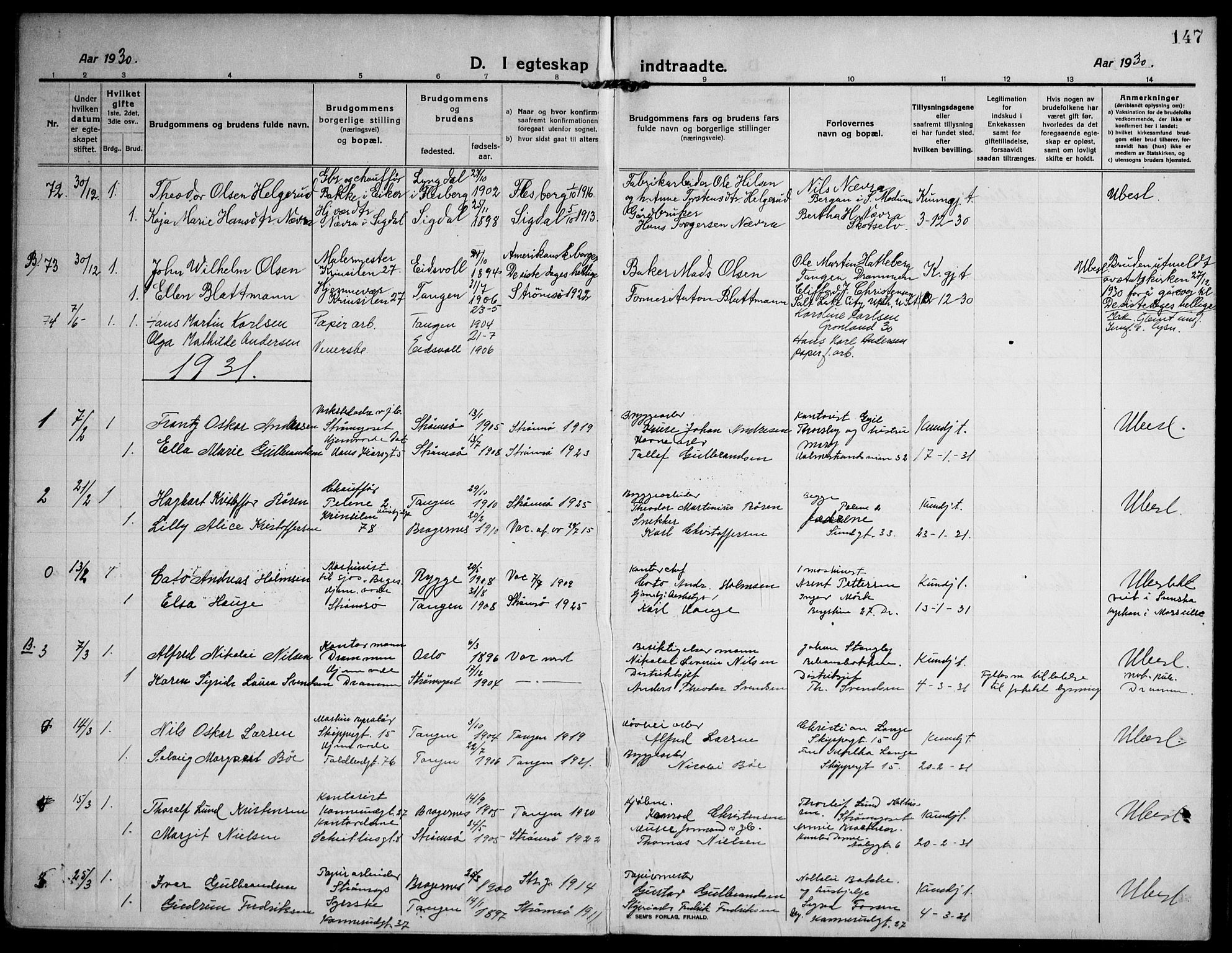 Strømsø kirkebøker, AV/SAKO-A-246/F/Fa/L0027: Parish register (official) no. I 28, 1912-1931, p. 147