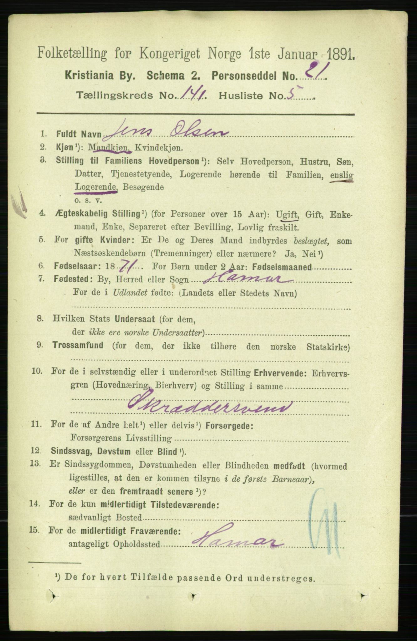 RA, 1891 census for 0301 Kristiania, 1891, p. 78221