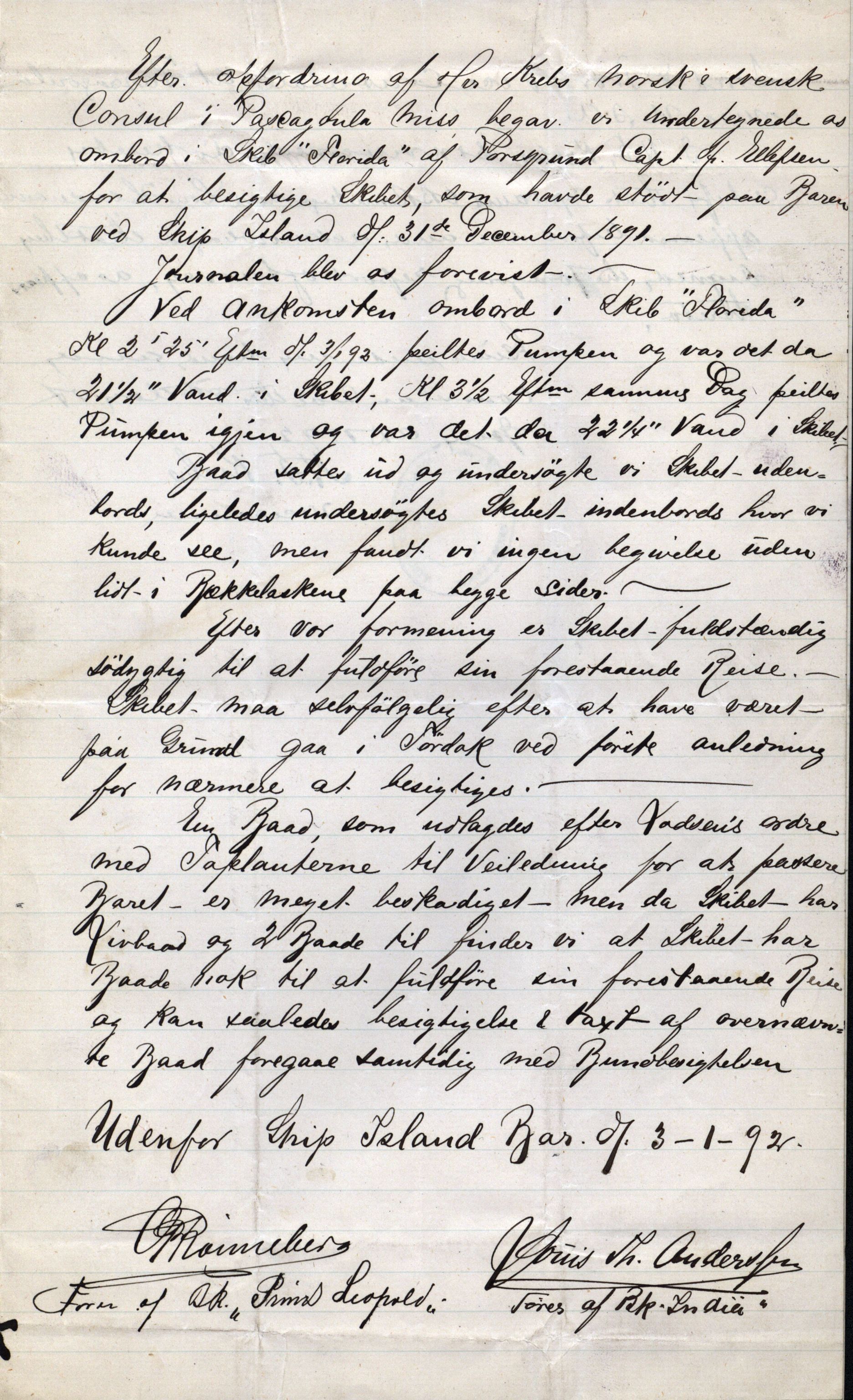 Pa 63 - Østlandske skibsassuranceforening, VEMU/A-1079/G/Ga/L0029/0007: Havaridokumenter / Diamant, Foldin, Aise, Florida, Flora, 1892, p. 130