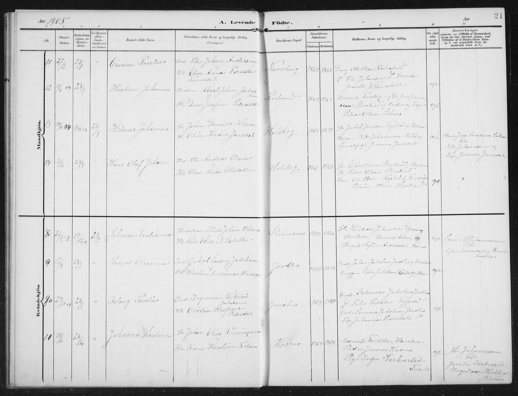 Ministerialprotokoller, klokkerbøker og fødselsregistre - Nordland, AV/SAT-A-1459/851/L0726: Parish register (copy) no. 851C01, 1902-1924, p. 21