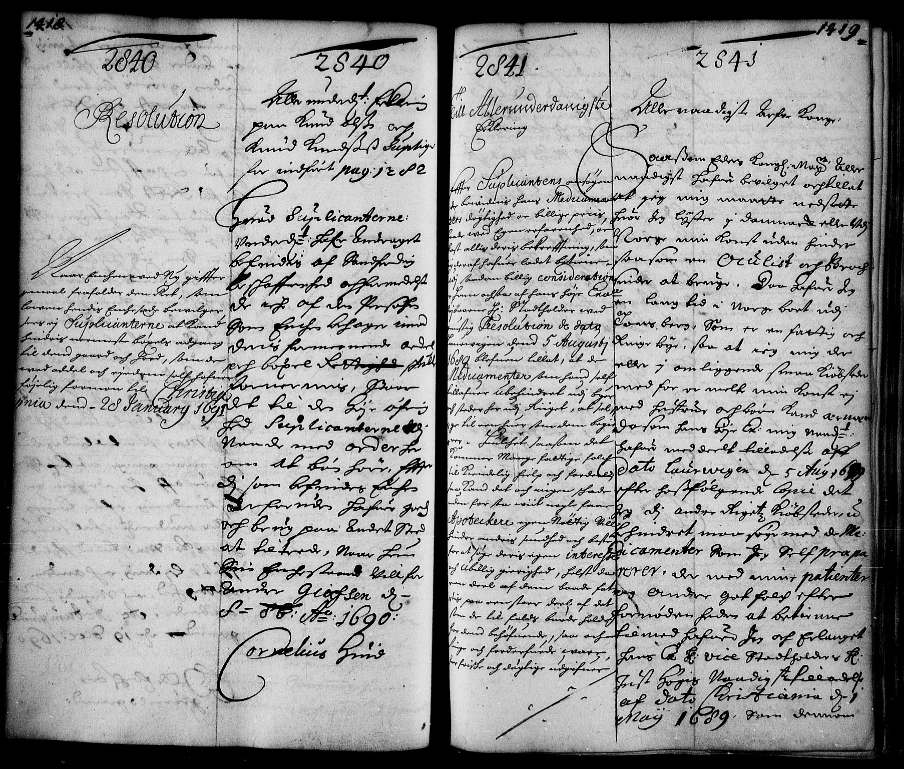 Stattholderembetet 1572-1771, AV/RA-EA-2870/Ae/L0007: Supplikasjons- og resolusjonsprotokoll, 1689-1691, p. 1418-1419