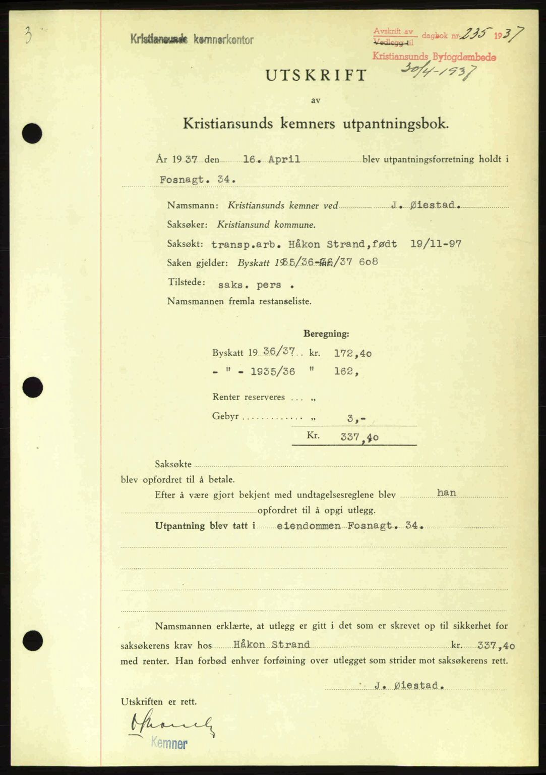 Kristiansund byfogd, AV/SAT-A-4587/A/27: Mortgage book no. 29, 1936-1937, Diary no: : 235/1937