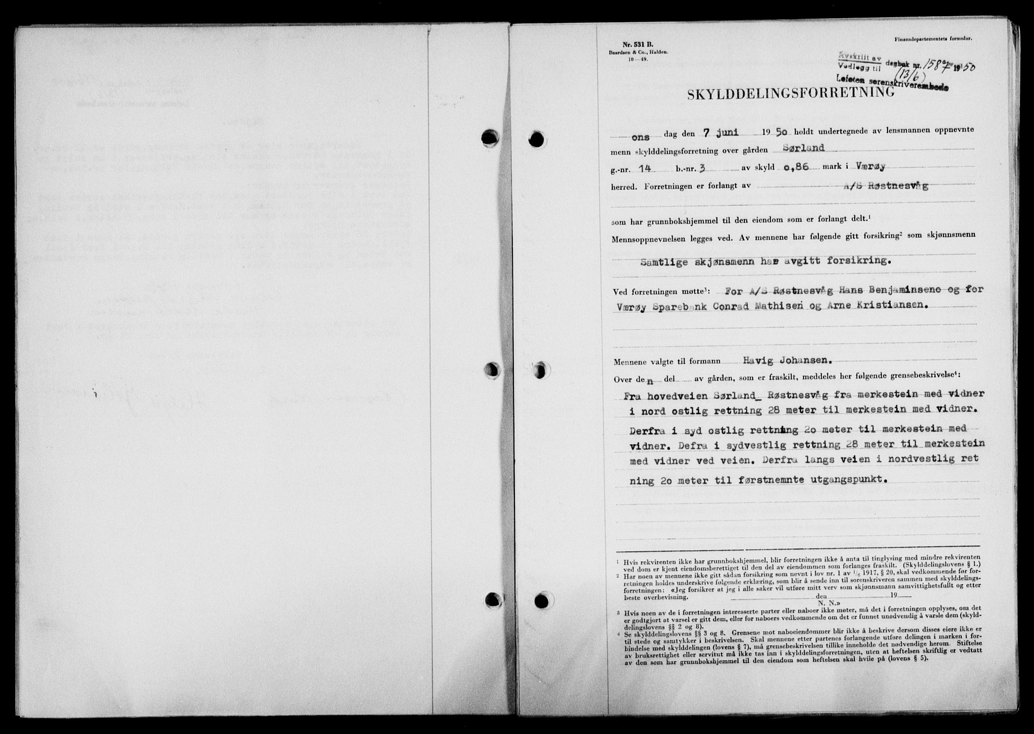 Lofoten sorenskriveri, SAT/A-0017/1/2/2C/L0023a: Mortgage book no. 23a, 1950-1950, Diary no: : 1587/1950