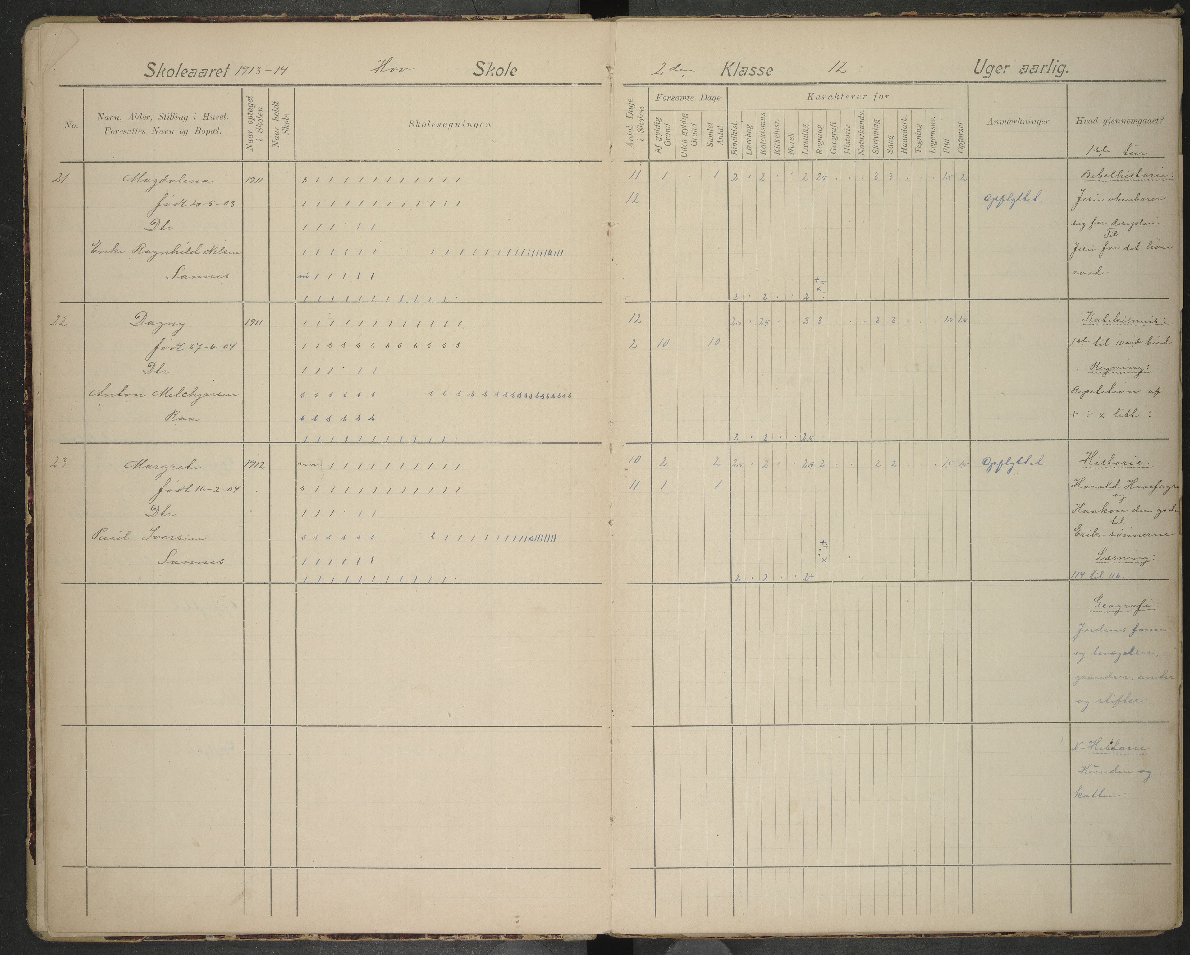 Hadsel kommune. Hov skolekrets, AIN/K-18660.510.55/G/L0004: Skoleprotokoll Hov skole, 1913-1922