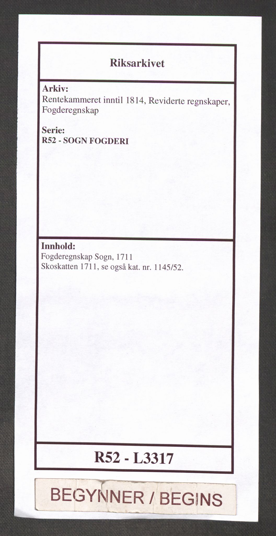 Rentekammeret inntil 1814, Reviderte regnskaper, Fogderegnskap, RA/EA-4092/R52/L3317: Fogderegnskap Sogn, 1711, p. 1