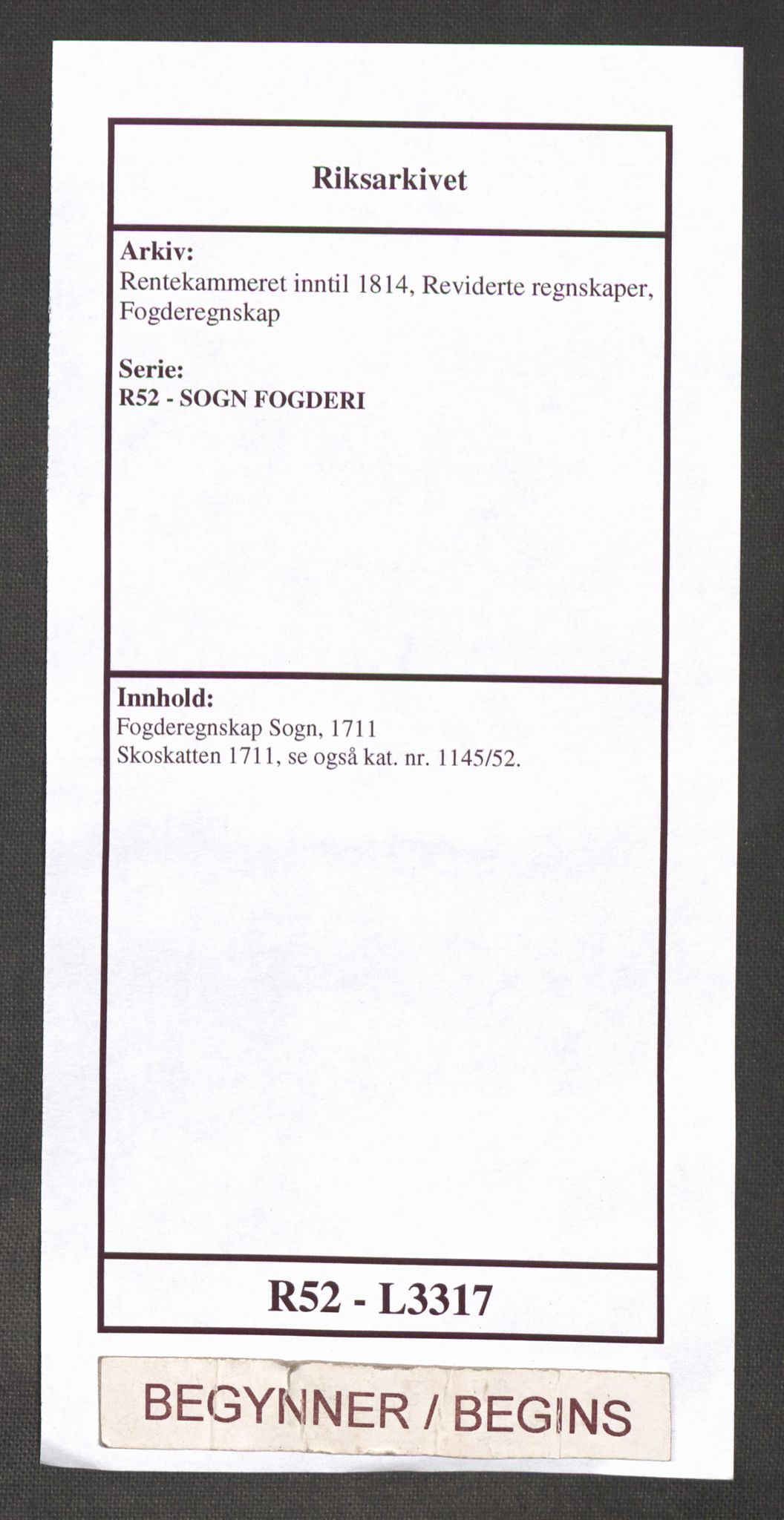 Rentekammeret inntil 1814, Reviderte regnskaper, Fogderegnskap, AV/RA-EA-4092/R52/L3317: Fogderegnskap Sogn, 1711, p. 1