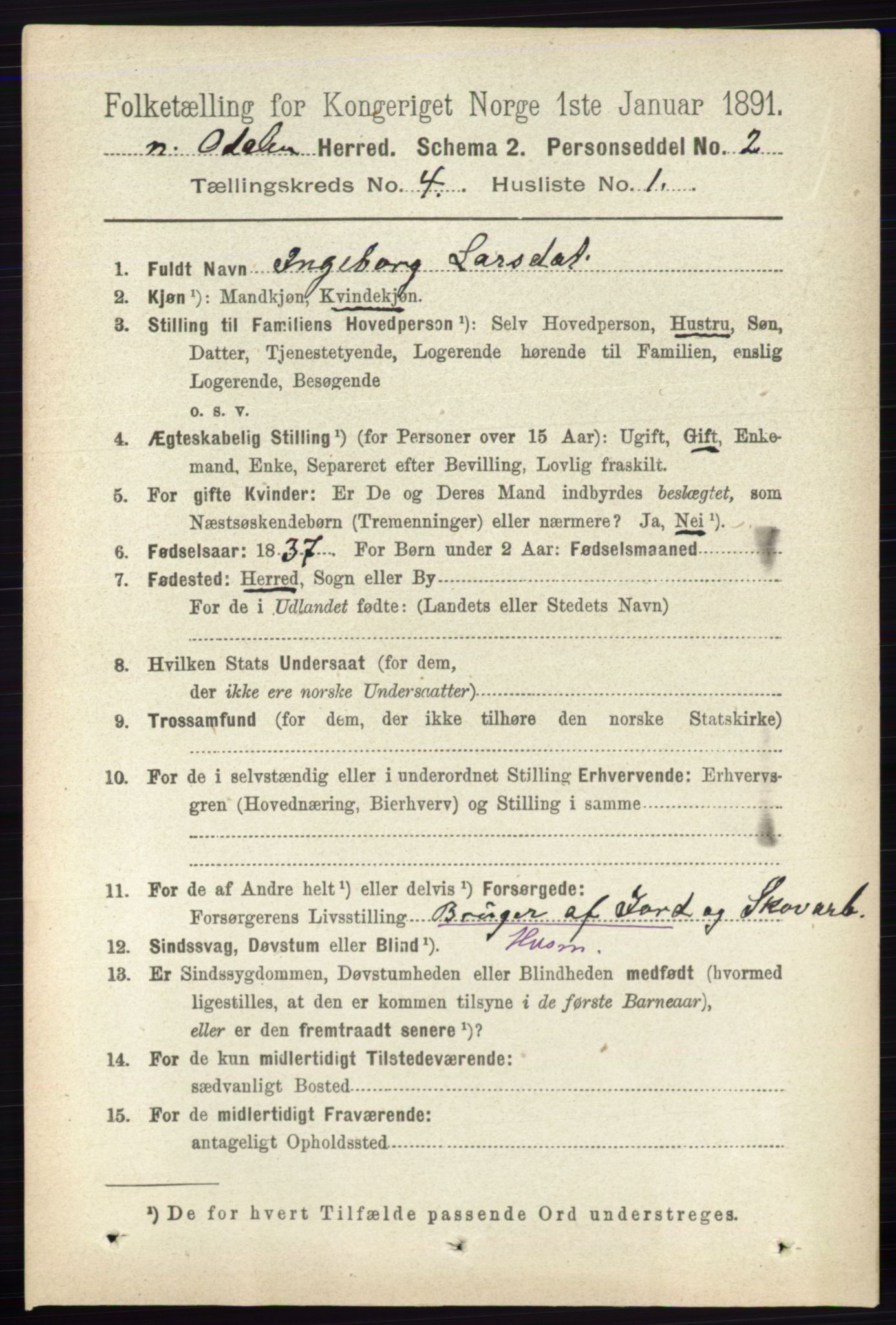 RA, 1891 census for 0418 Nord-Odal, 1891, p. 1263