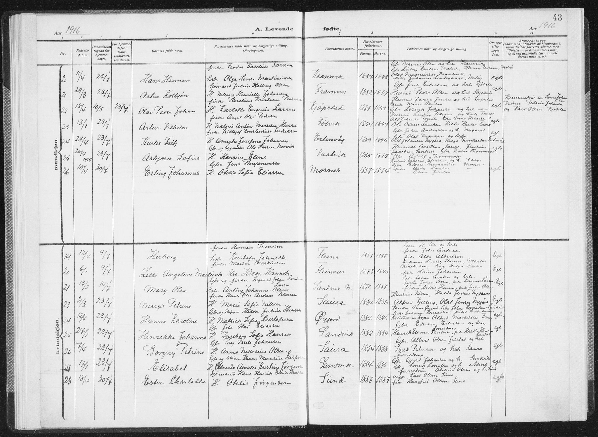 Ministerialprotokoller, klokkerbøker og fødselsregistre - Nordland, SAT/A-1459/805/L0104: Parish register (official) no. 805A09, 1909-1926, p. 43