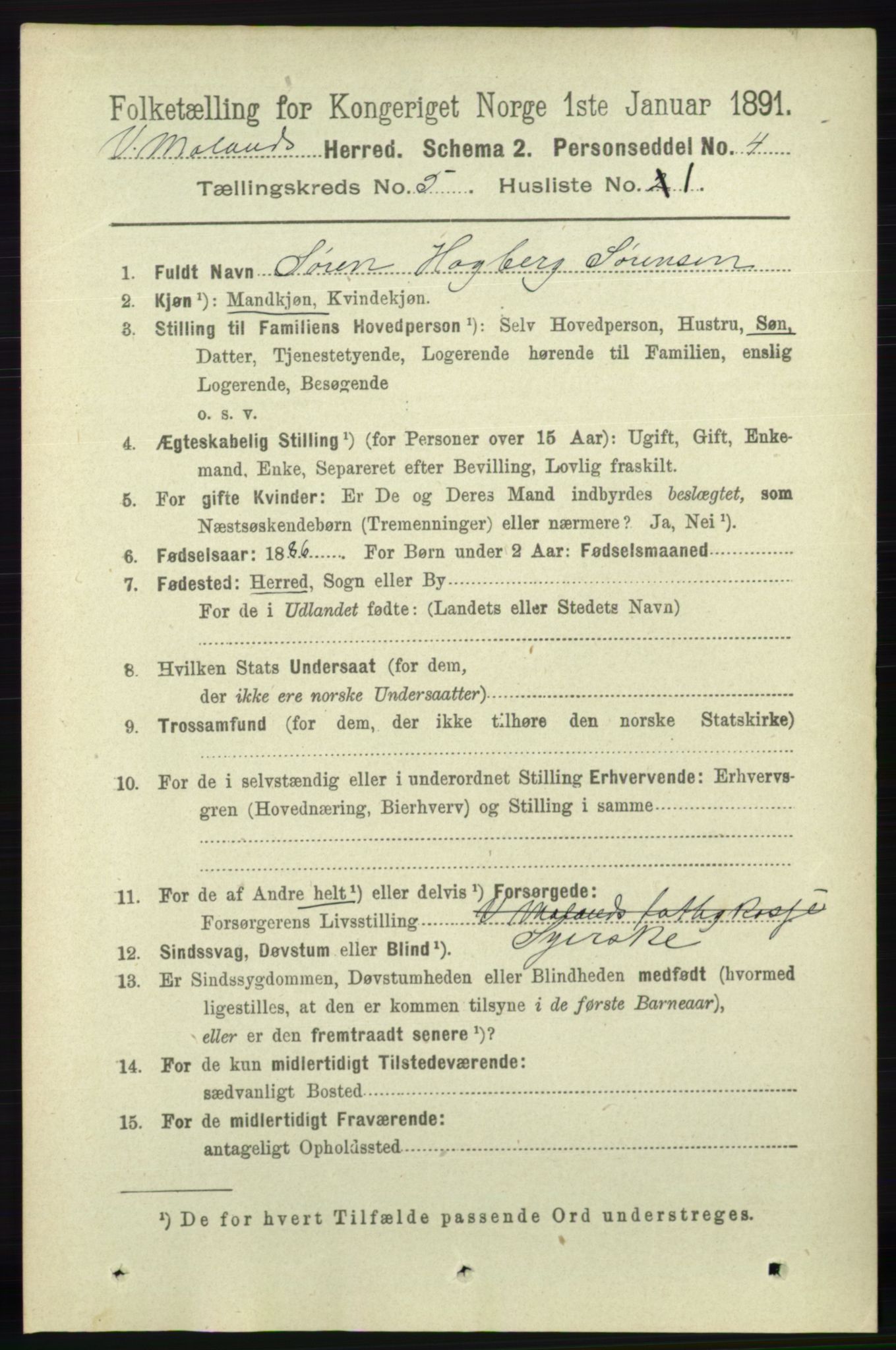 RA, 1891 census for 0926 Vestre Moland, 1891, p. 1846