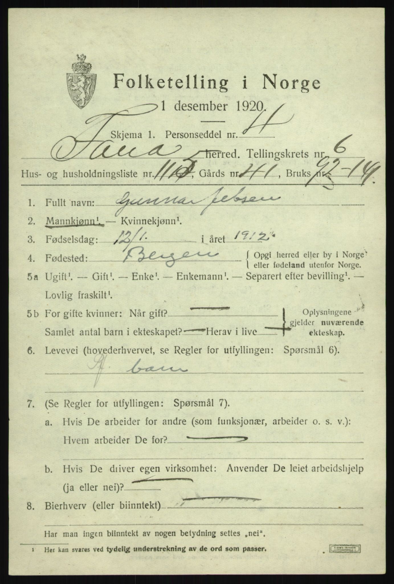 SAB, 1920 census for Fana, 1920, p. 12231