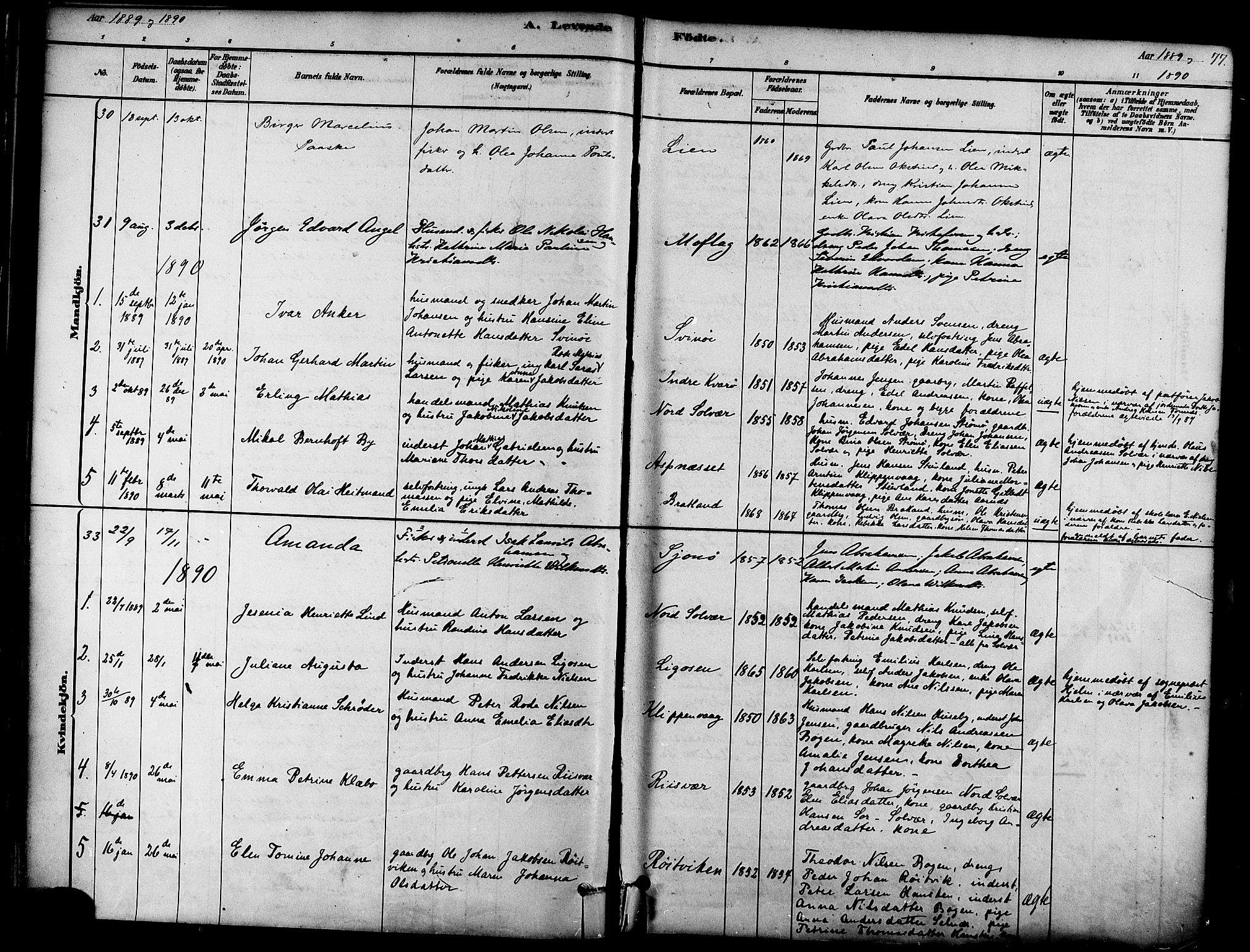 Ministerialprotokoller, klokkerbøker og fødselsregistre - Nordland, SAT/A-1459/839/L0568: Parish register (official) no. 839A05, 1880-1902, p. 77