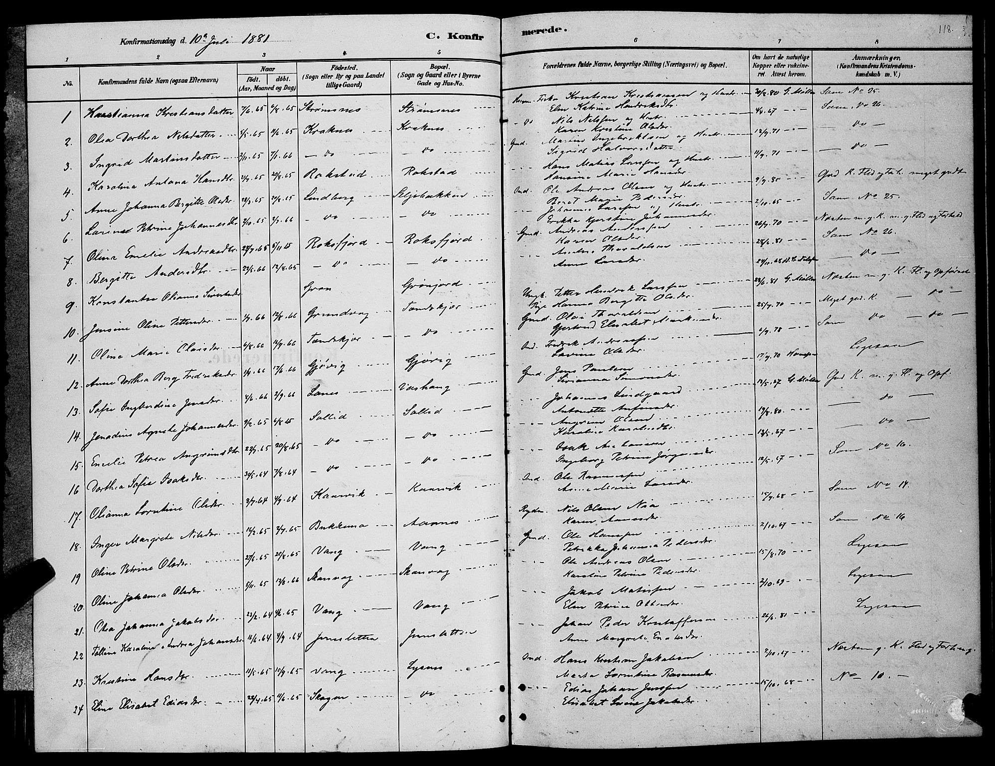 Lenvik sokneprestembete, SATØ/S-1310/H/Ha/Hab/L0006klokker: Parish register (copy) no. 6, 1881-1889, p. 118