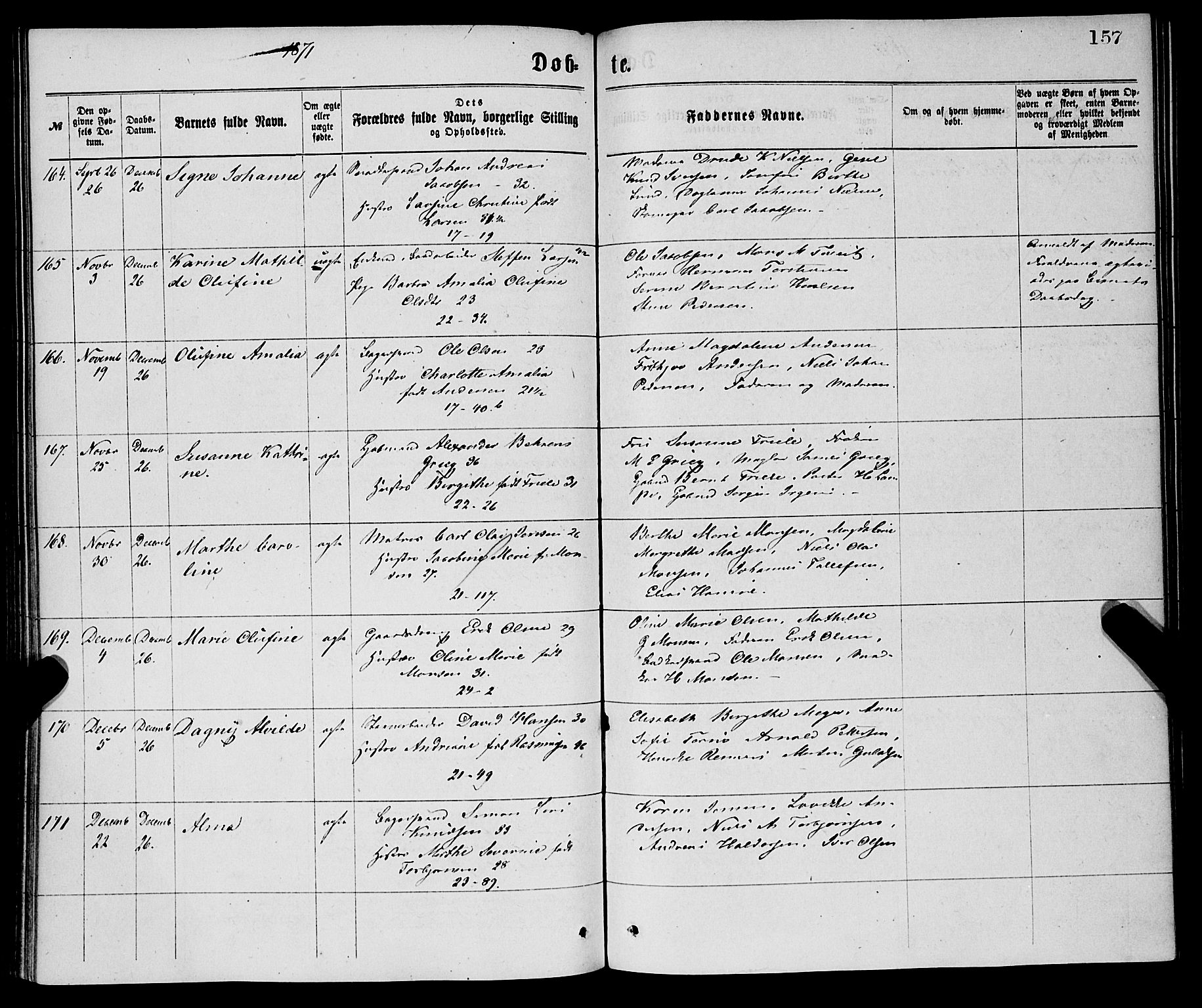 Korskirken sokneprestembete, AV/SAB-A-76101/H/Haa/L0020: Parish register (official) no. B 6, 1871-1878, p. 157