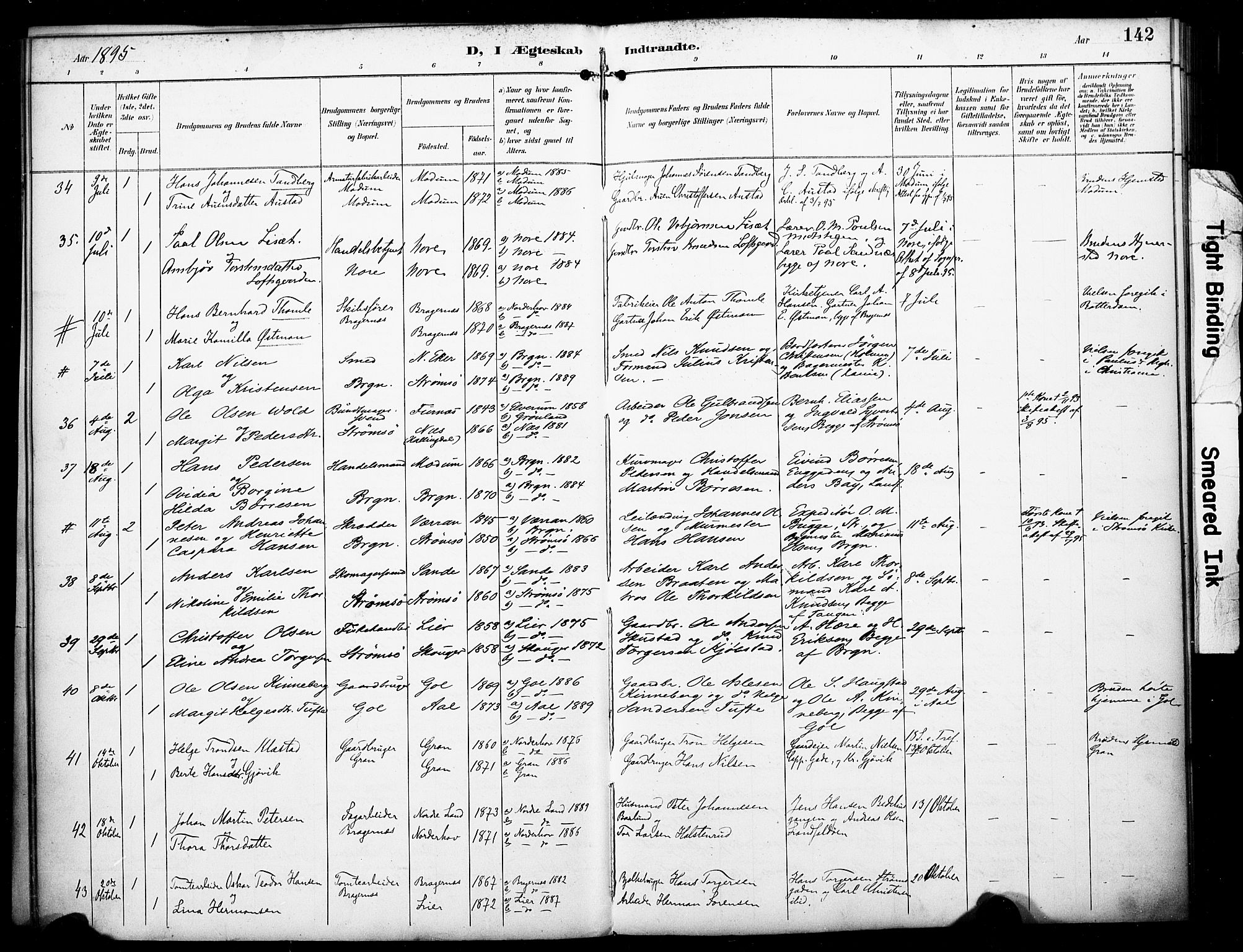 Bragernes kirkebøker, AV/SAKO-A-6/F/Fc/L0006: Parish register (official) no. III 6, 1888-1899, p. 142