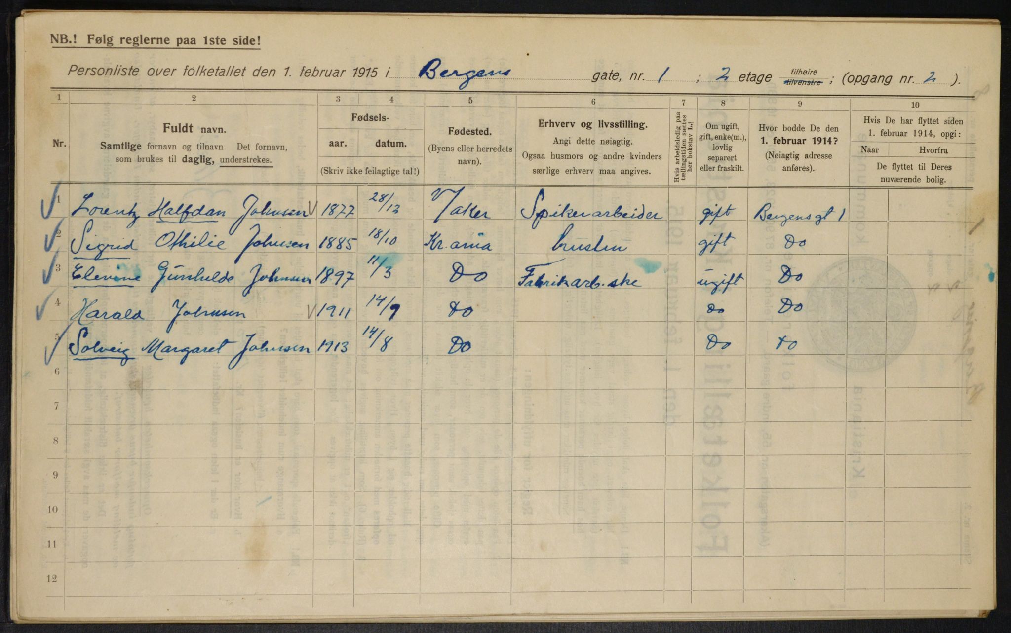 OBA, Municipal Census 1915 for Kristiania, 1915, p. 3766