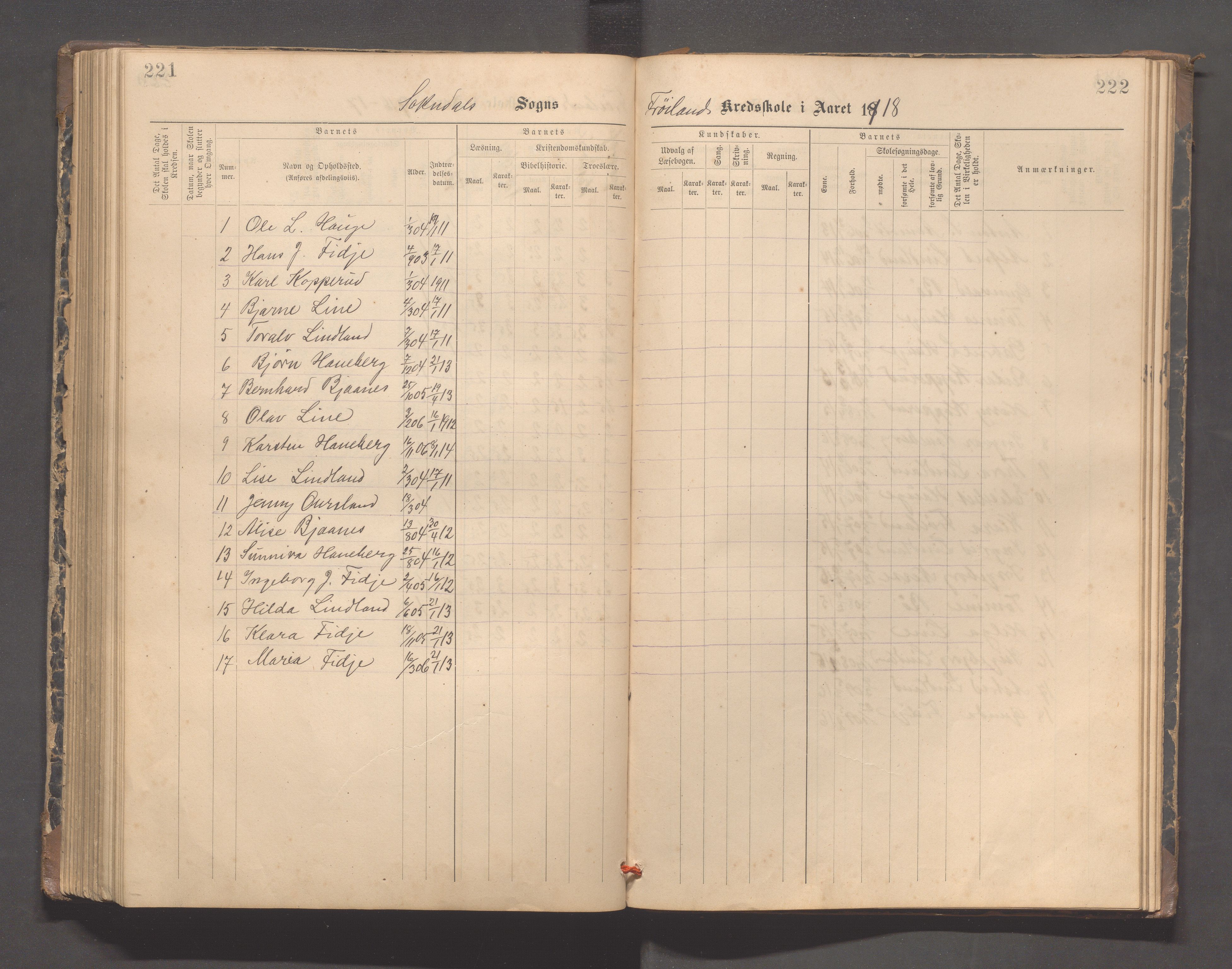 Sokndal kommune- Hauge skole, IKAR/K-101144/H/L0001: Skoleprotokoll - Frøyland, 1885-1918, p. 221-222