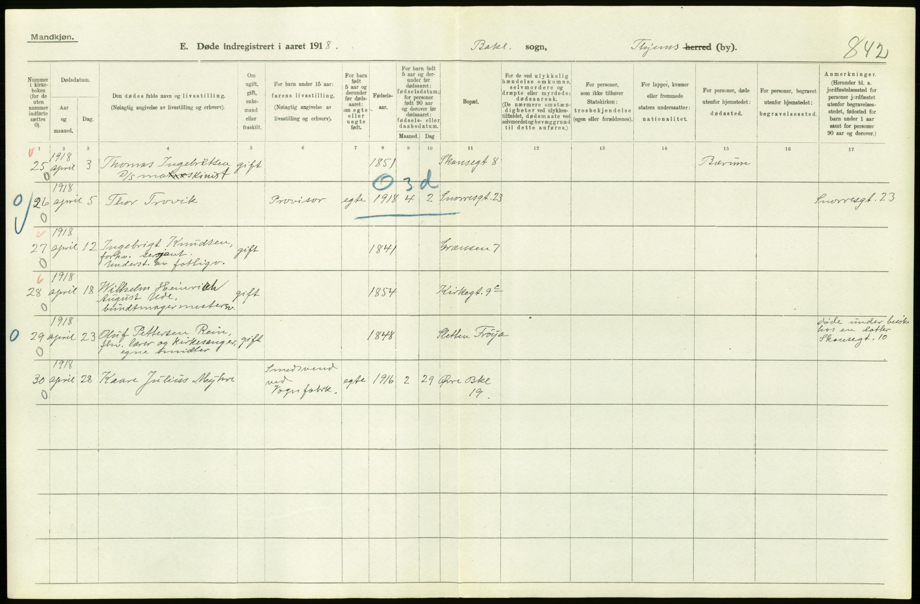 Statistisk sentralbyrå, Sosiodemografiske emner, Befolkning, AV/RA-S-2228/D/Df/Dfb/Dfbh/L0049: Trondheim: Døde, dødfødte., 1918, p. 40