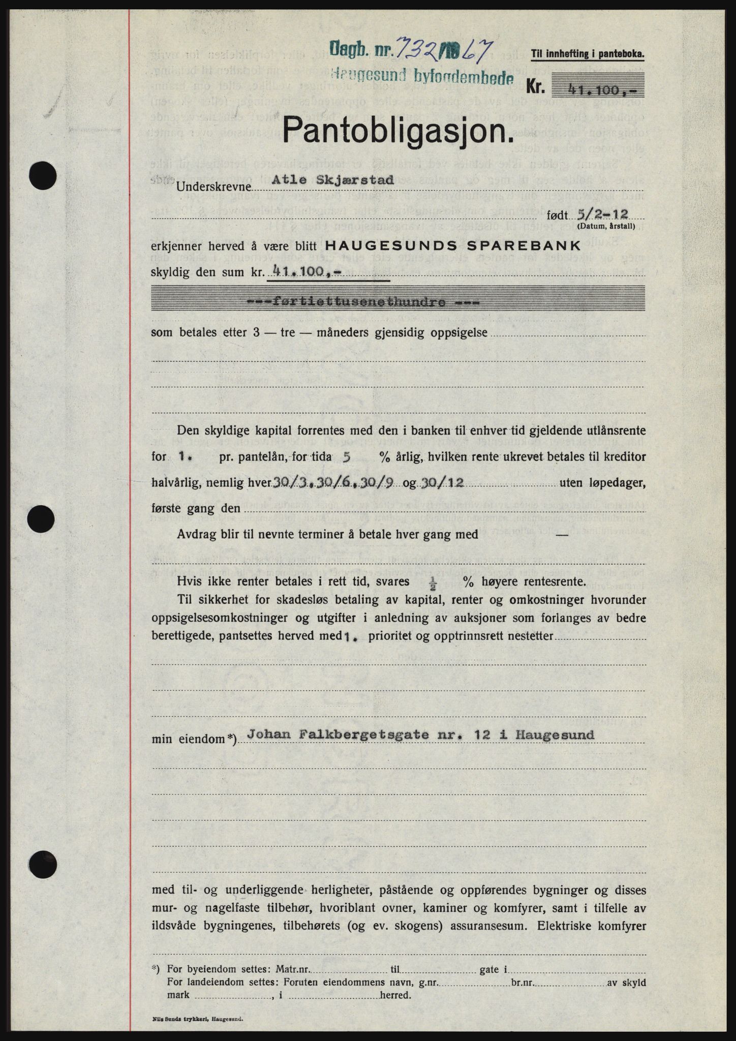 Haugesund tingrett, SAST/A-101415/01/II/IIC/L0056: Mortgage book no. B 56, 1966-1967, Diary no: : 732/1967