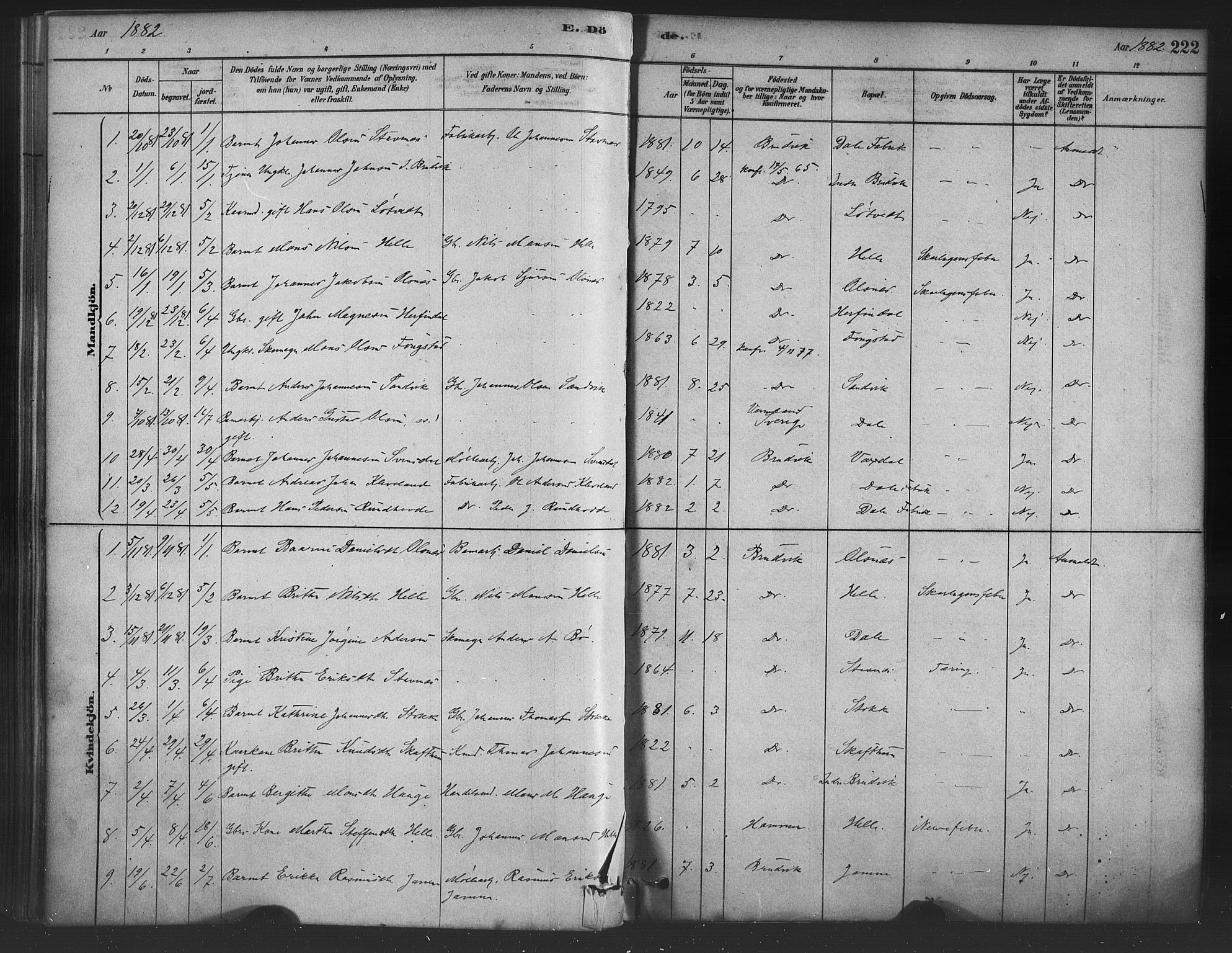 Bruvik Sokneprestembete, SAB/A-74701/H/Haa: Parish register (official) no. B 1, 1878-1904, p. 222