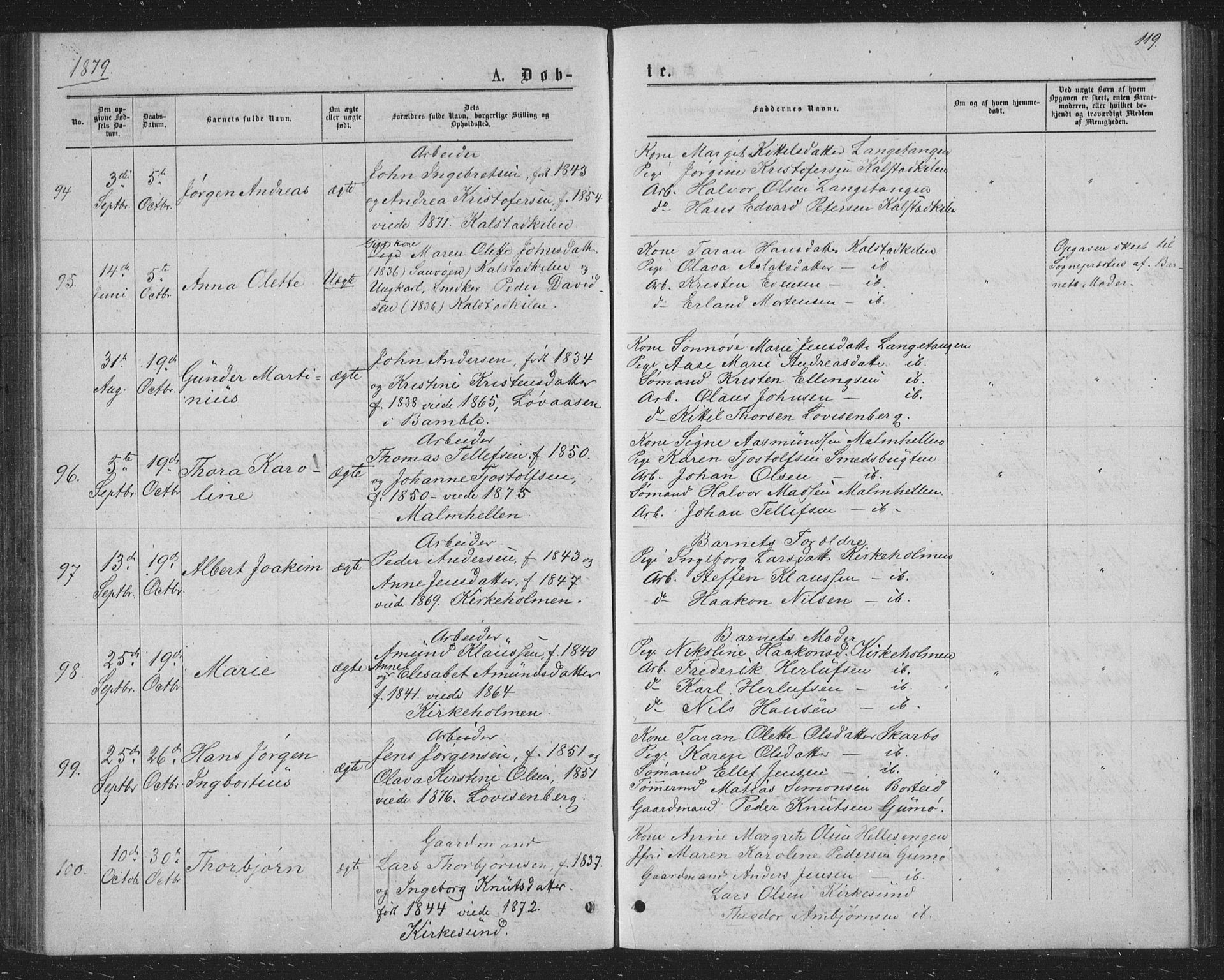 Skåtøy kirkebøker, AV/SAKO-A-304/G/Ga/L0002: Parish register (copy) no. I 2, 1872-1884, p. 119