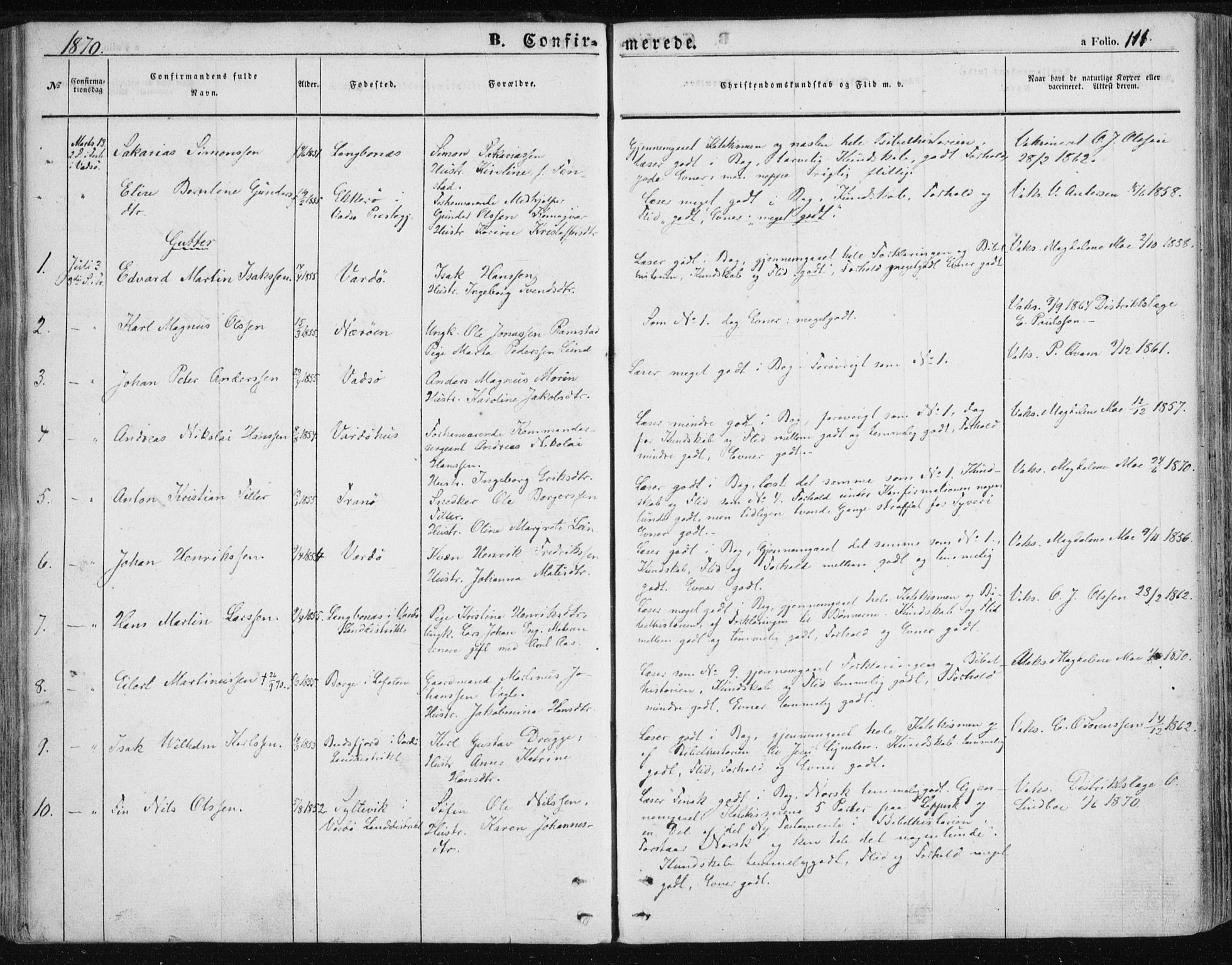 Vardø sokneprestkontor, SATØ/S-1332/H/Ha/L0004kirke: Parish register (official) no. 4, 1862-1871, p. 111