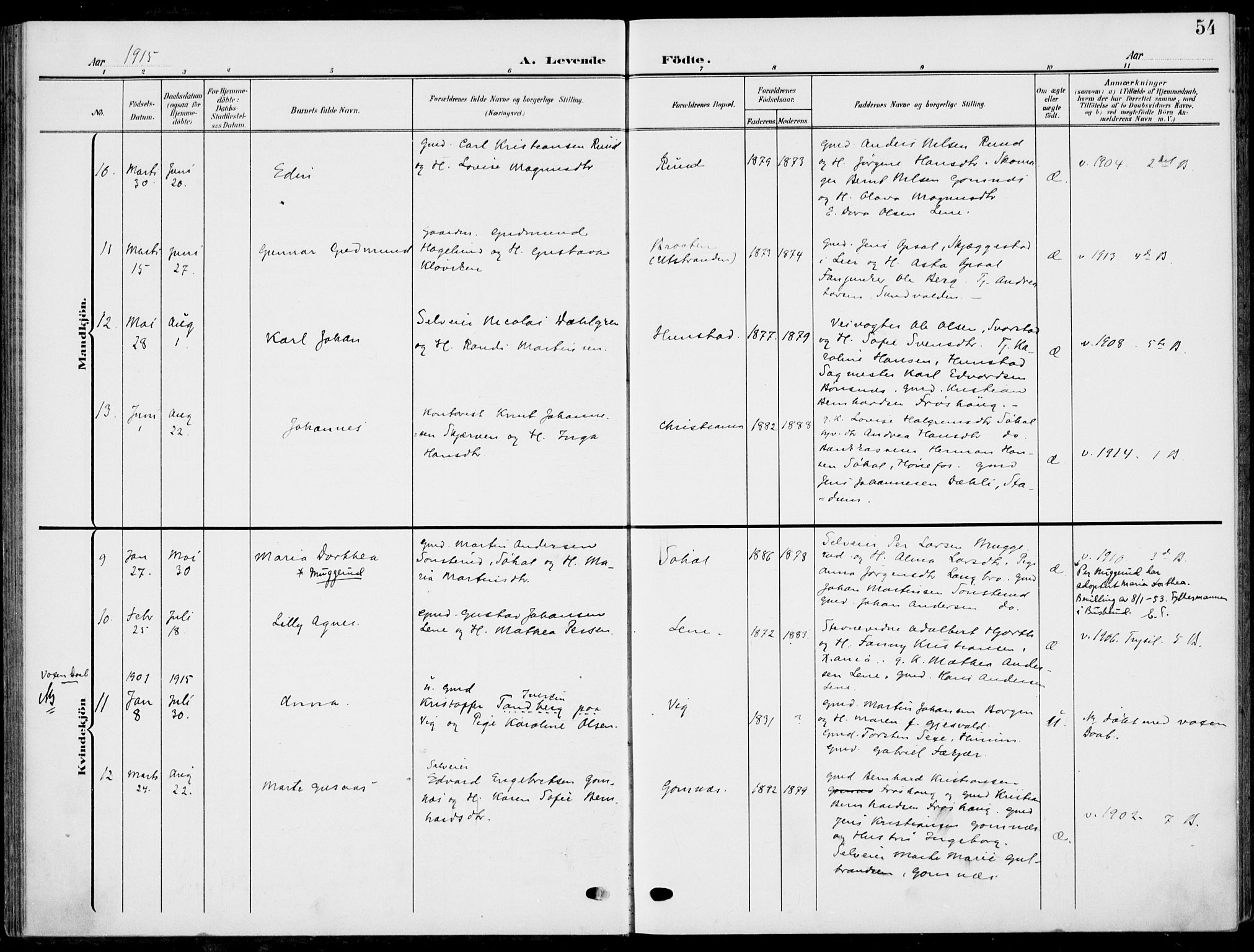 Hole kirkebøker, AV/SAKO-A-228/F/Fa/L0010: Parish register (official) no. I 10, 1907-1917, p. 54