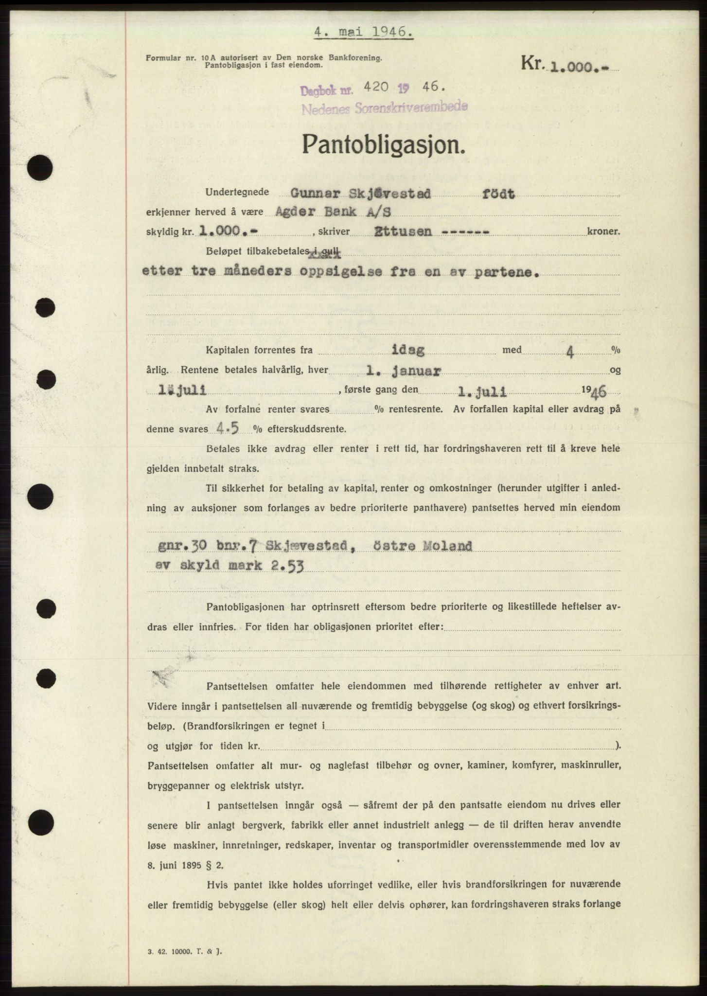 Nedenes sorenskriveri, AV/SAK-1221-0006/G/Gb/Gbb/L0003: Mortgage book no. B3b, 1946-1946, Diary no: : 420/1946