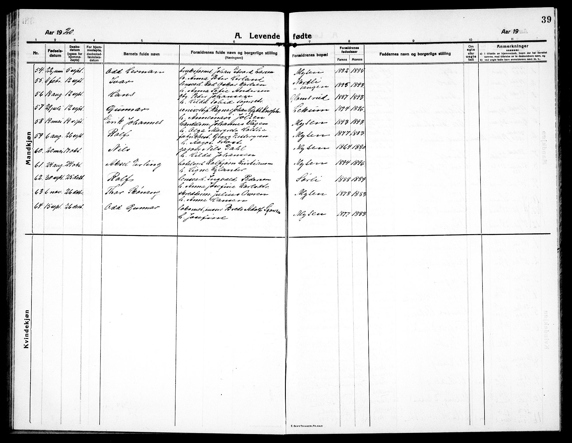 Eidsberg prestekontor Kirkebøker, AV/SAO-A-10905/G/Ga/L0003: Parish register (copy) no. I 3, 1913-1937, p. 39