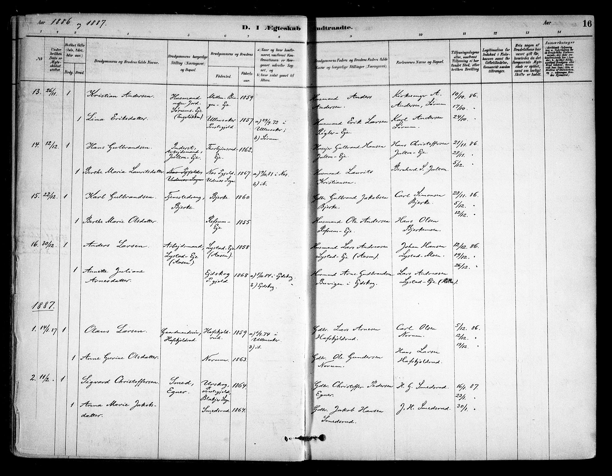 Sørum prestekontor Kirkebøker, AV/SAO-A-10303/F/Fa/L0008: Parish register (official) no. I 8, 1878-1914, p. 16