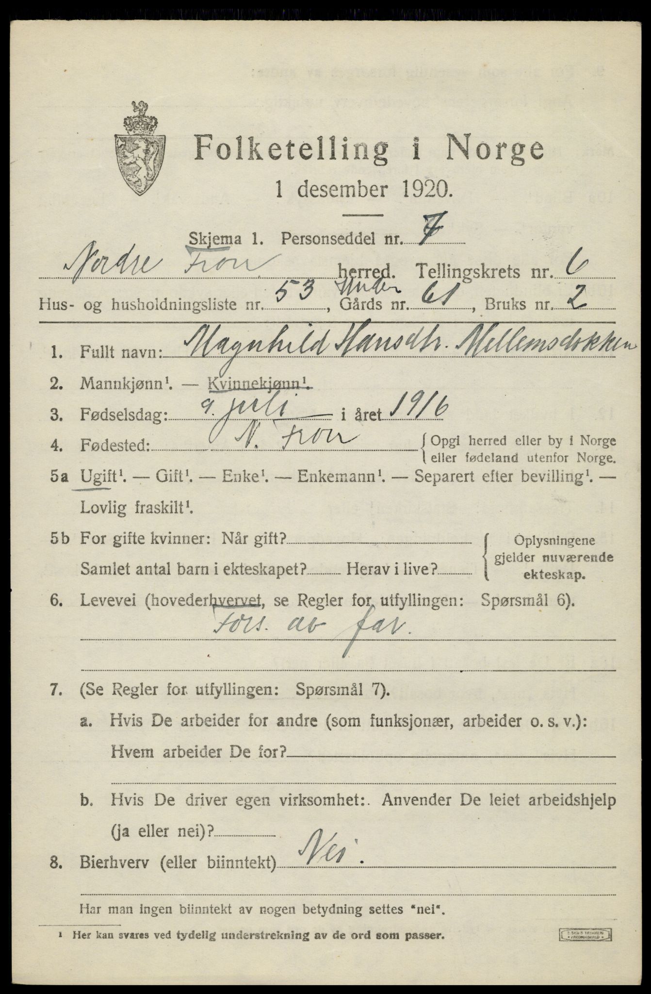 SAH, 1920 census for Nord-Fron, 1920, p. 5952