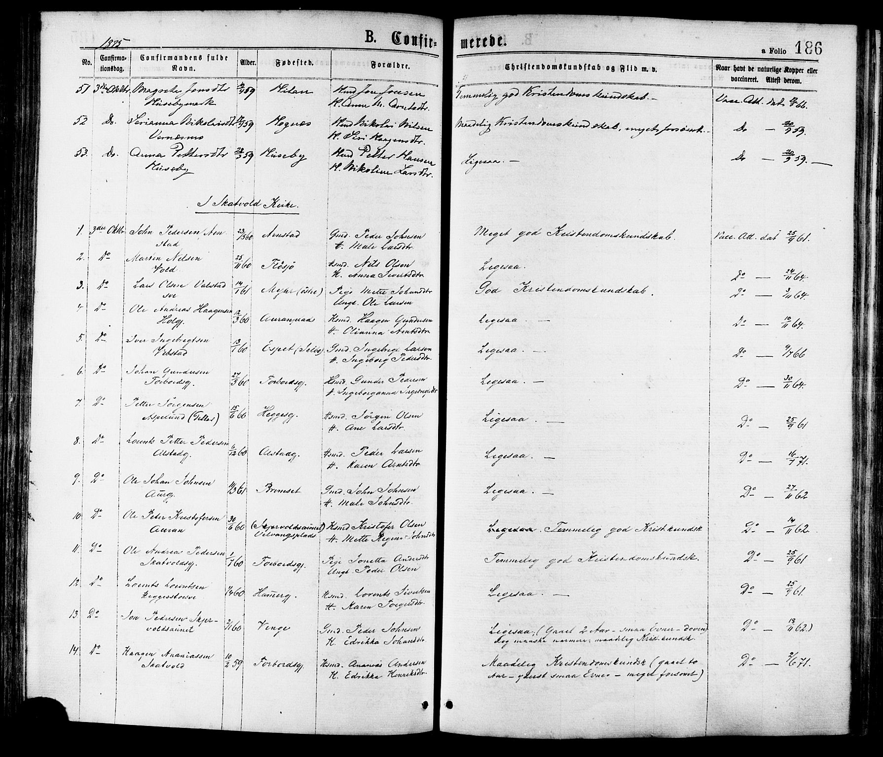 Ministerialprotokoller, klokkerbøker og fødselsregistre - Nord-Trøndelag, AV/SAT-A-1458/709/L0076: Parish register (official) no. 709A16, 1871-1879, p. 186